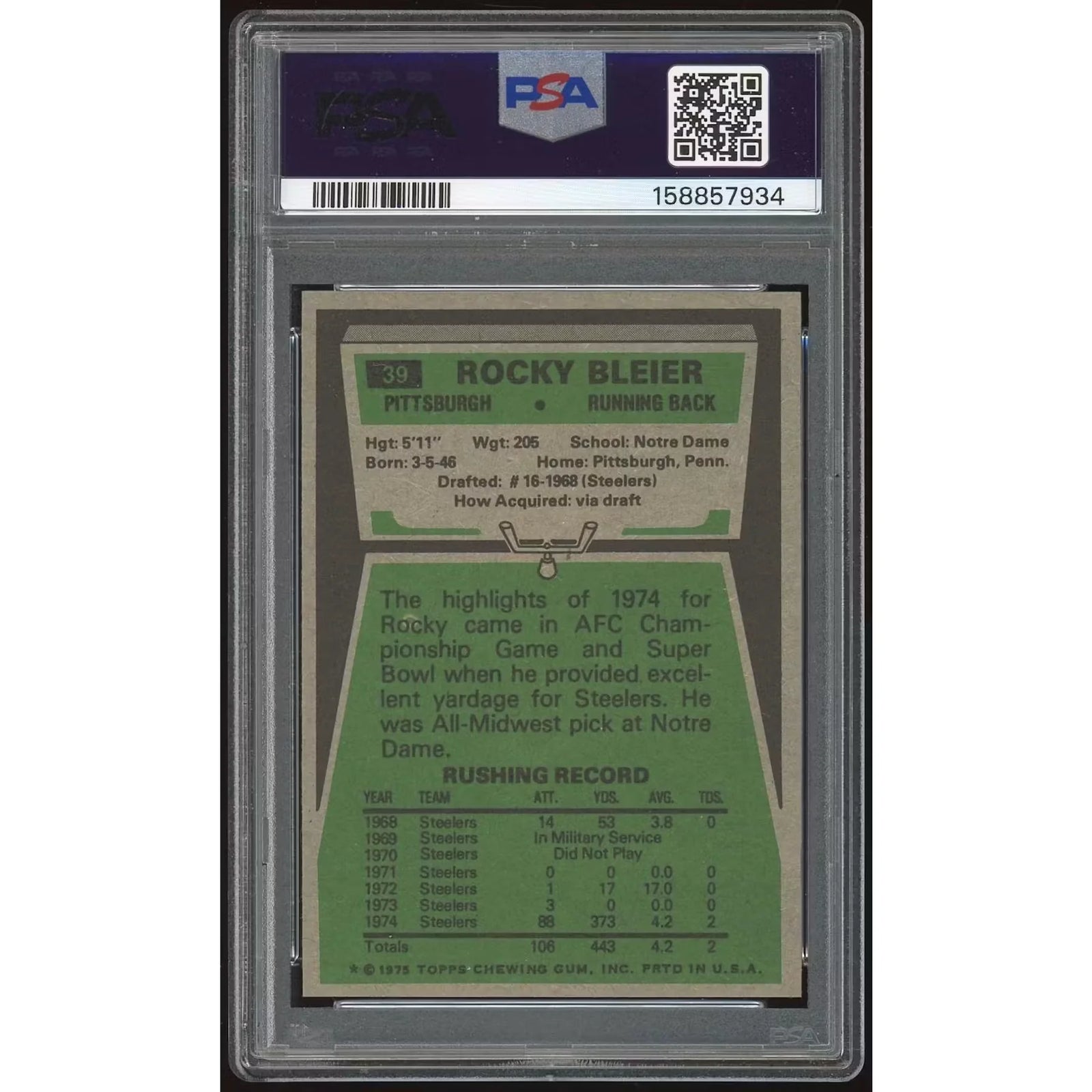 Rocky Bleier 1975 Topps #39 Rookie Card | PSA 8