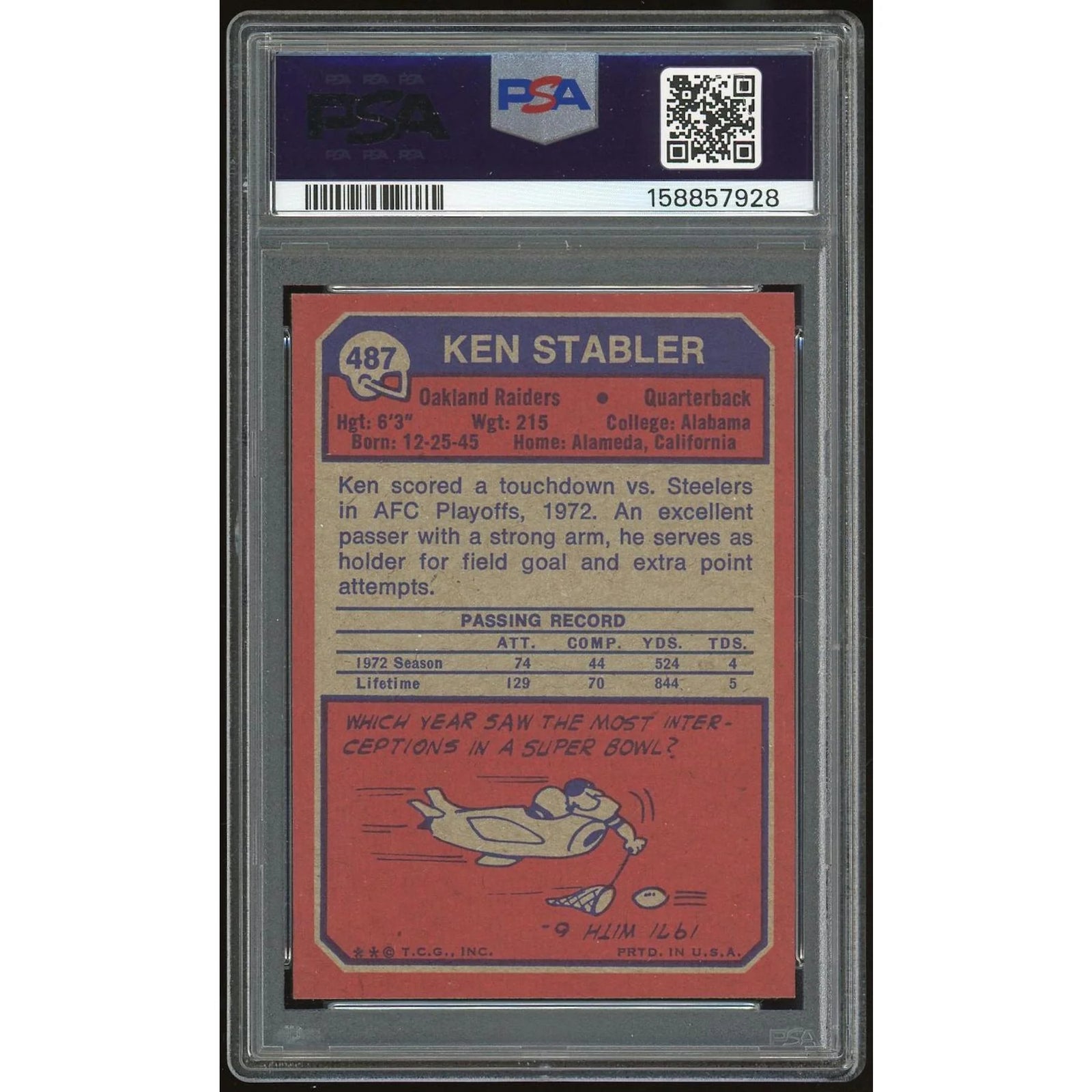 1973 Topps #487 Ken Stabler Rookie Card | PSA 5