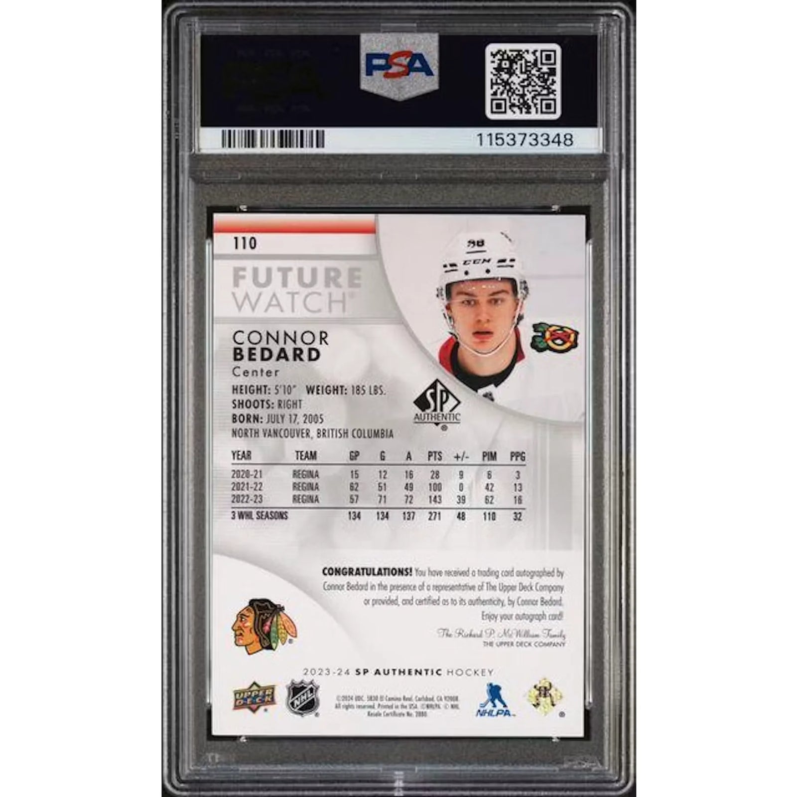 Connor Bedard Signed 2023-24 UD SP Authentic Future Watch Card | PSA 8 Auto 10