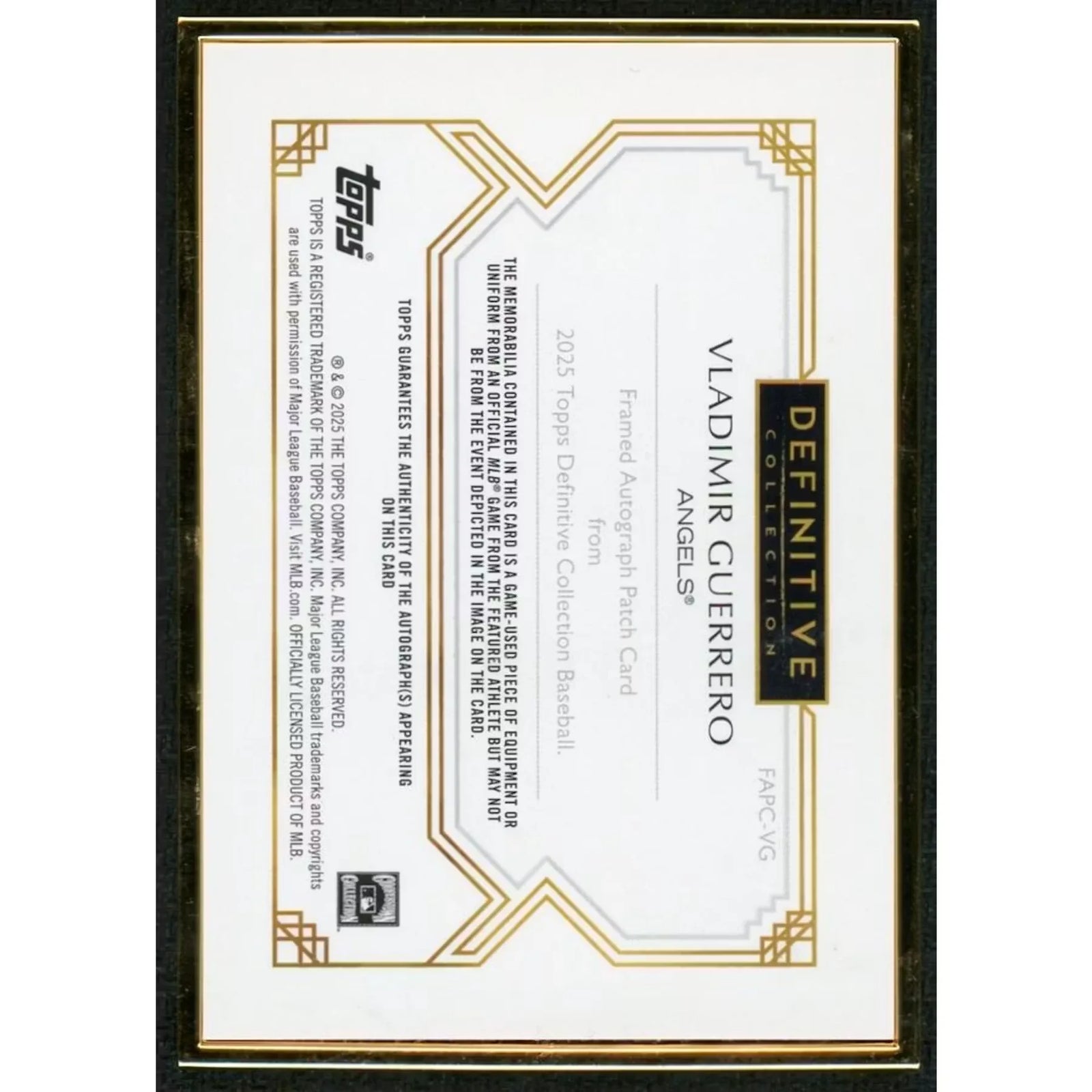 Vladimir Guerrero Jr Signed 2025 Topps Definitive Card | Gold Framed Patch Auto 1/1