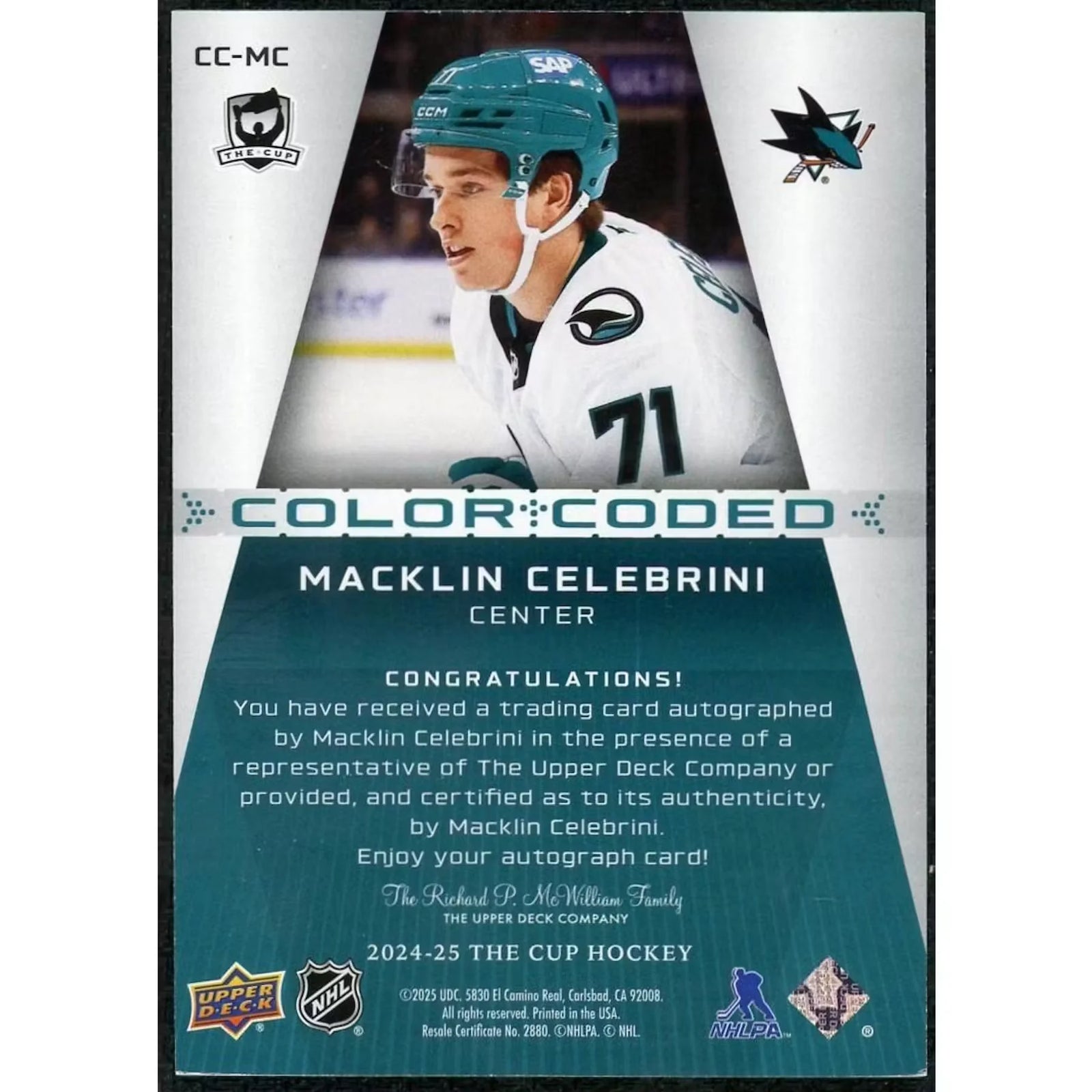 Macklin Celebrini Signed 2024-25 Upper Deck The Cup Rookie Card | Color Coded Auto/35
