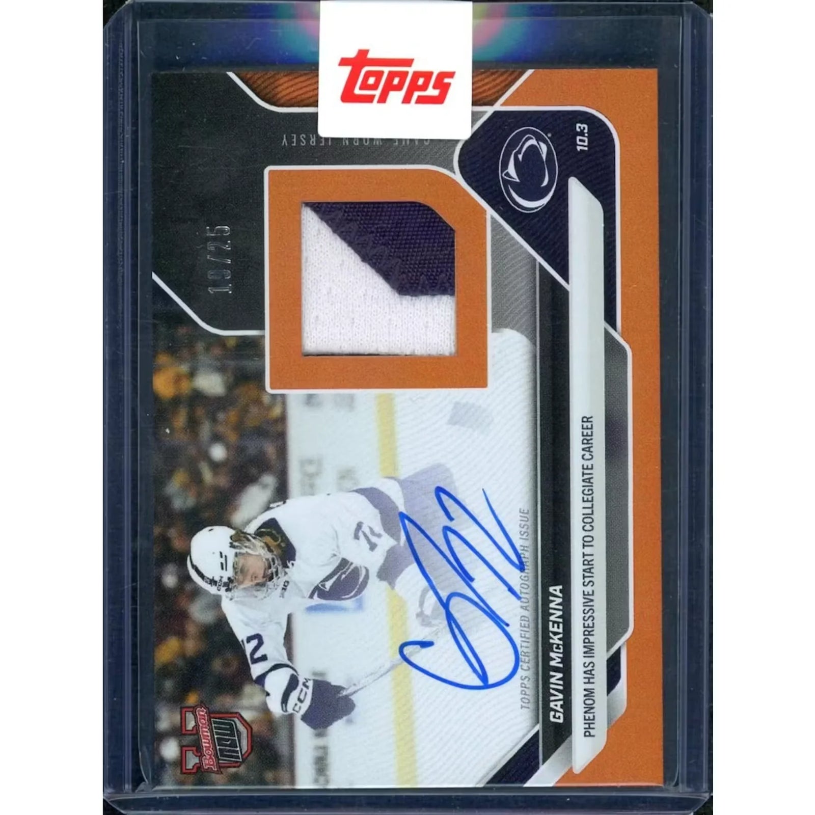 Gavin McKenna Signed 2025 Bowman University Now Card | Orange Patch Auto/25