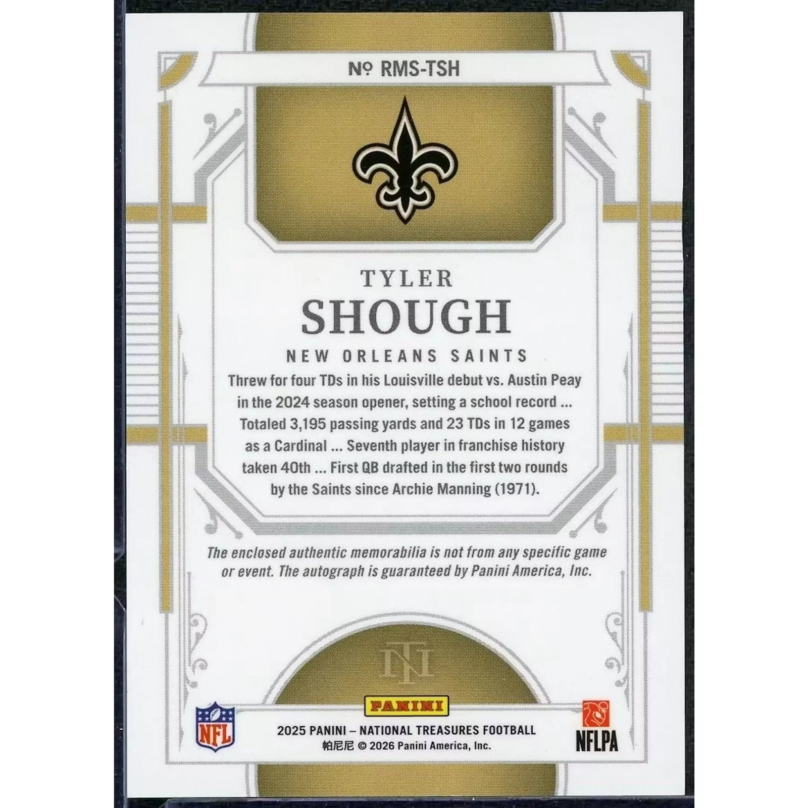 Tyler Shough Signed 2025 Panini National Treasures Rookie Card | Triple Patch Auto/10