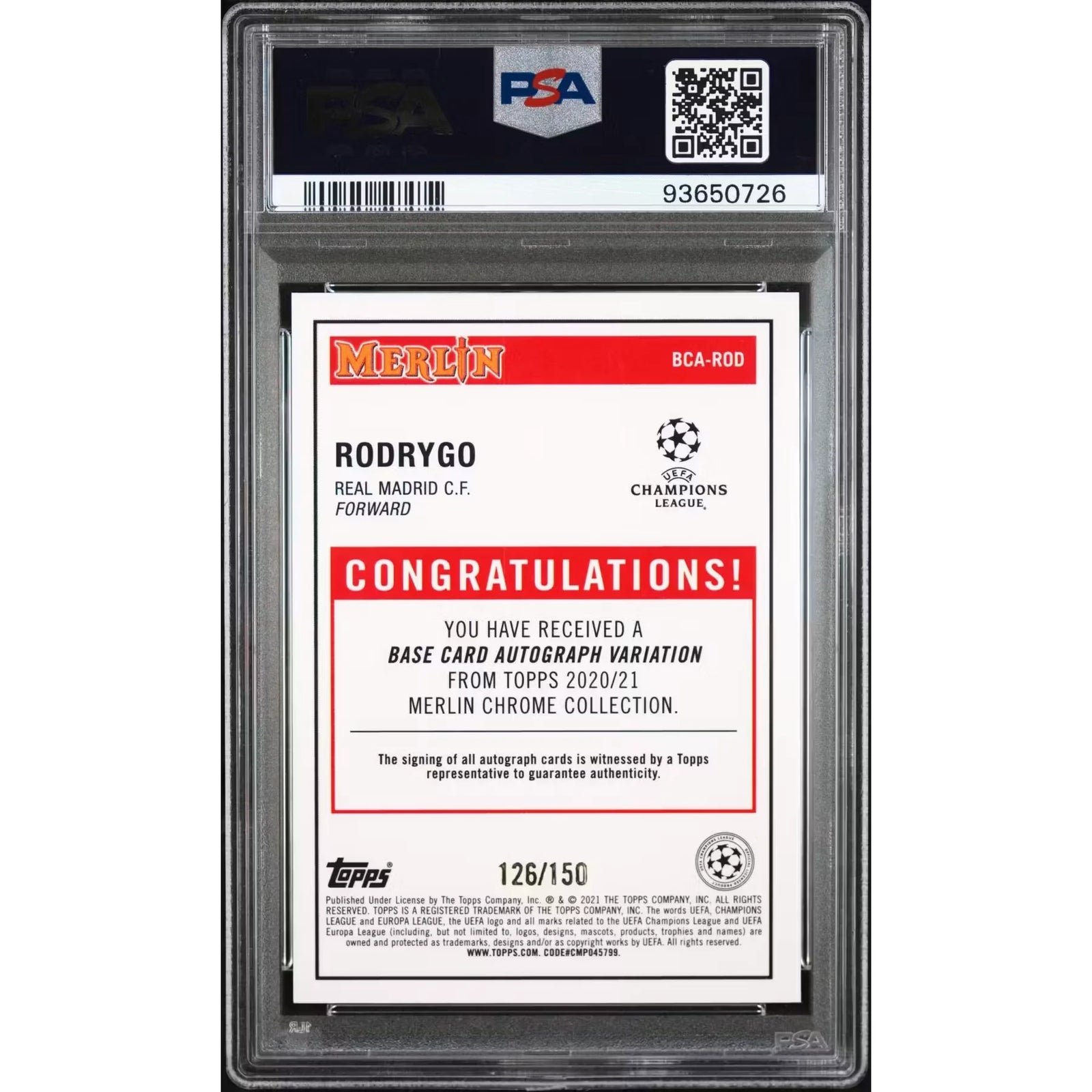 Rodrygo Signed 2020 Topps Merlin Chrome Rookie Auto | PSA 10