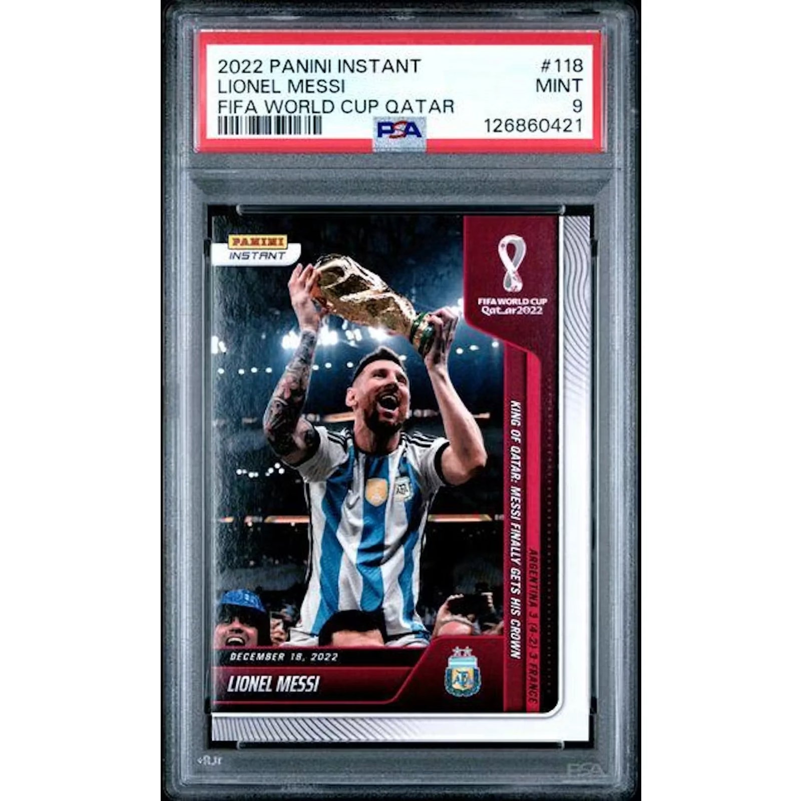 Lionel Messi Signed 2022 Panini Instant FIFA World Cup #118 | PSA 9