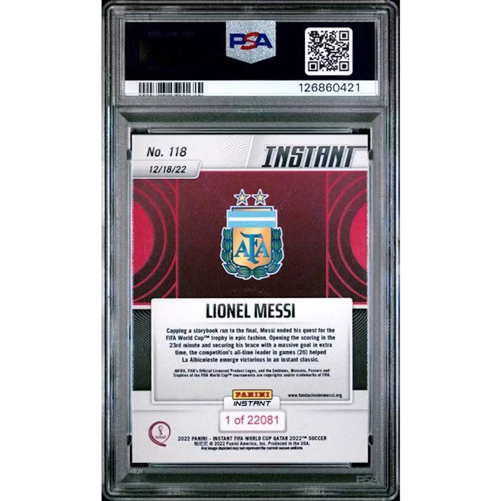 Lionel Messi Signed 2022 Panini Instant FIFA World Cup #118 | PSA 9