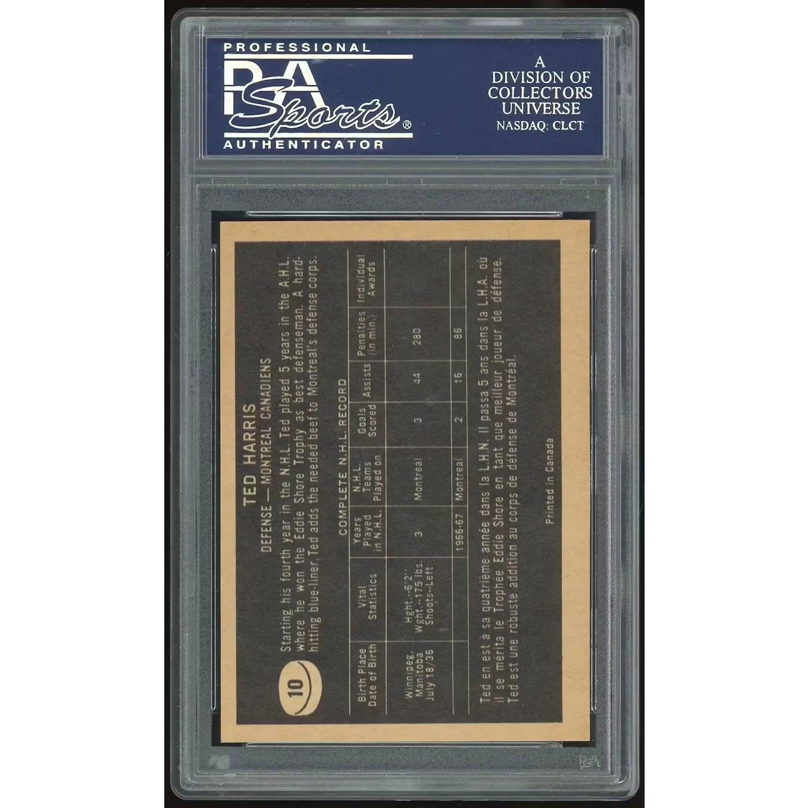 Ted Harris 1967-68 Topps #10 Hockey Card | PSA 9