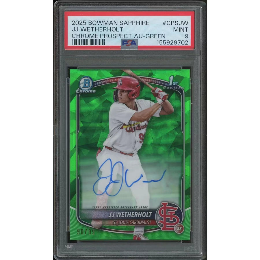 JJ Wetherholt Signed 2025 Bowman Chrome Sapphire Rookie Card | Green Refractor #90/99 PSA