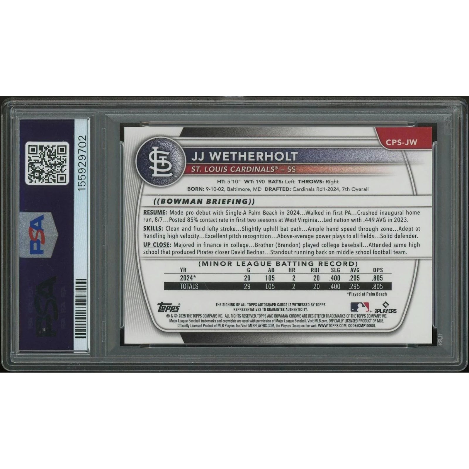 JJ Wetherholt Signed 2025 Bowman Chrome Sapphire Rookie Card | Green Refractor #90/99 PSA
