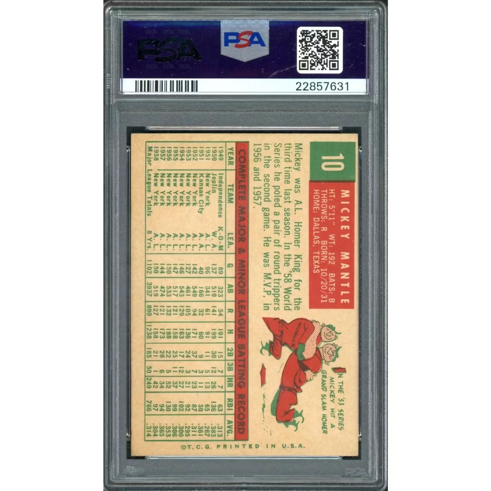 Mickey Mantle 1959 Topps #10 Card | PSA 3