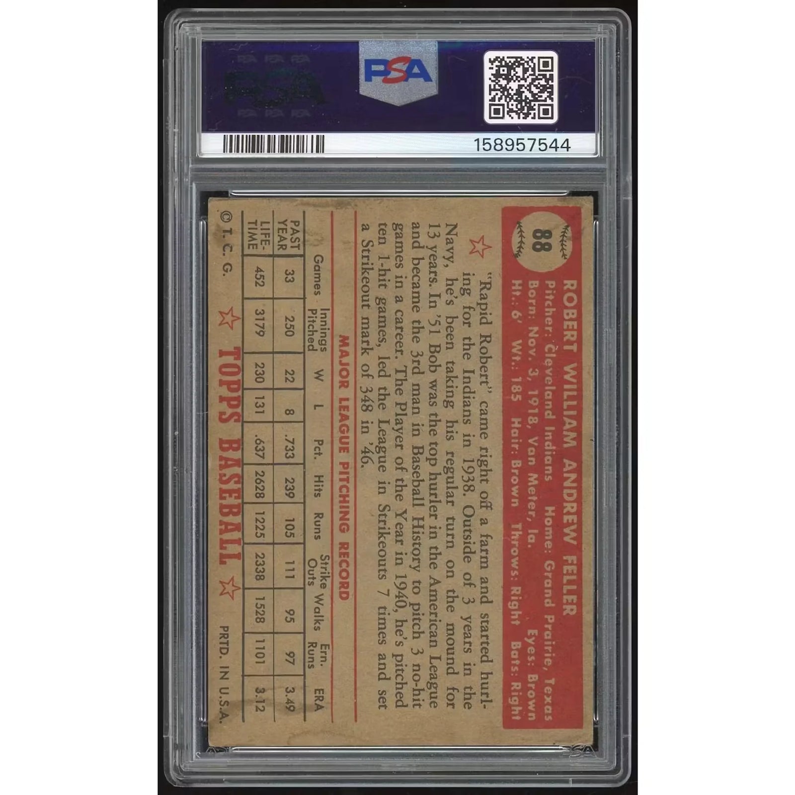 1952 Topps #88 Bob Feller Baseball Card | PSA 3