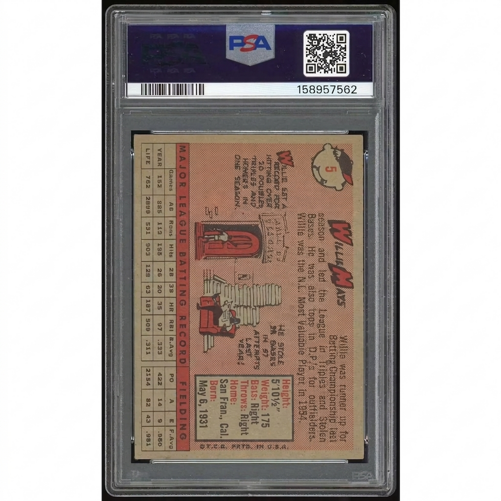 Willie Mays 1958 Topps #5 Baseball Card | PSA 3