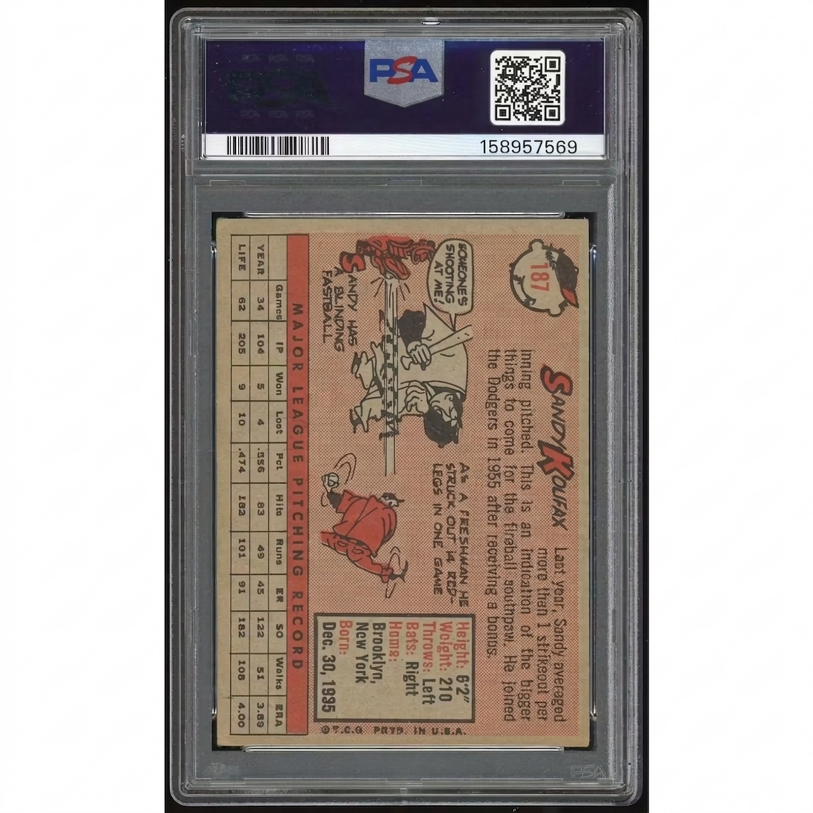 Sandy Koufax 1958 Topps #187 Baseball Card | PSA 3