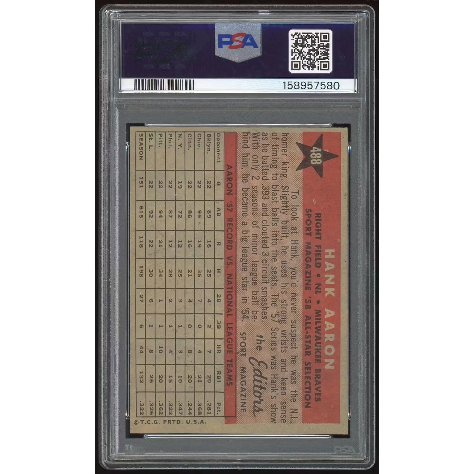 1958 Topps #488 Hank Aaron All-Star | PSA 4