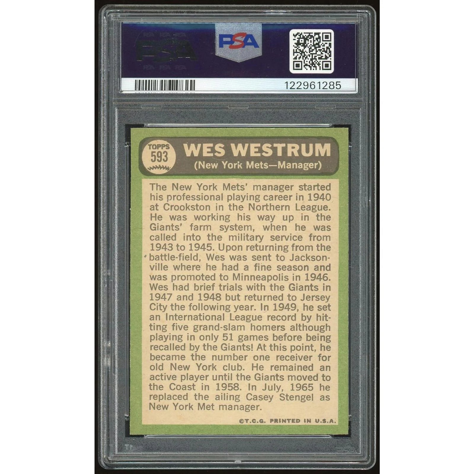 Wes Westrum 1967 Topps Card #593 | PSA 8