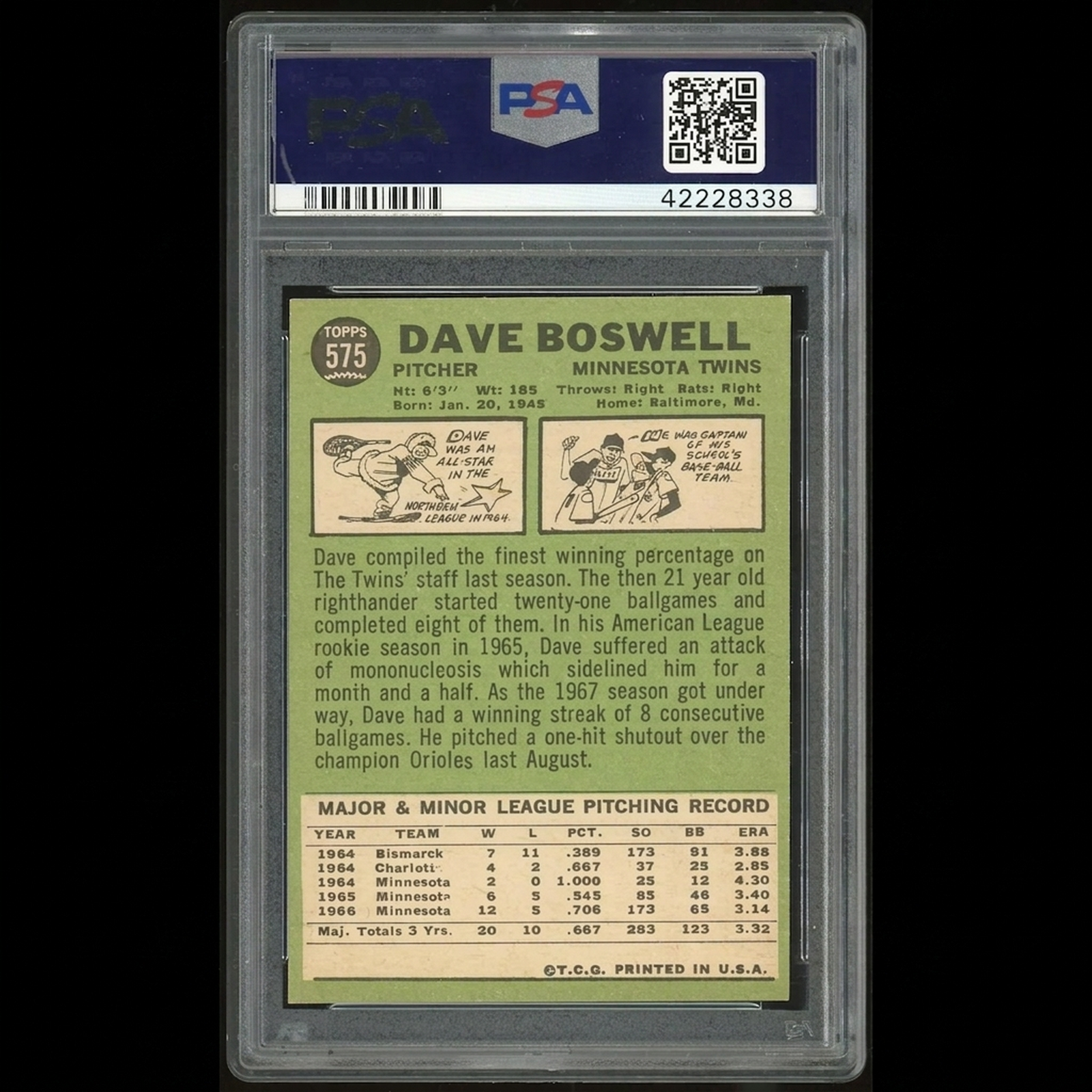 Dave Boswell 1967 Topps #575 Rookie Card | PSA 7