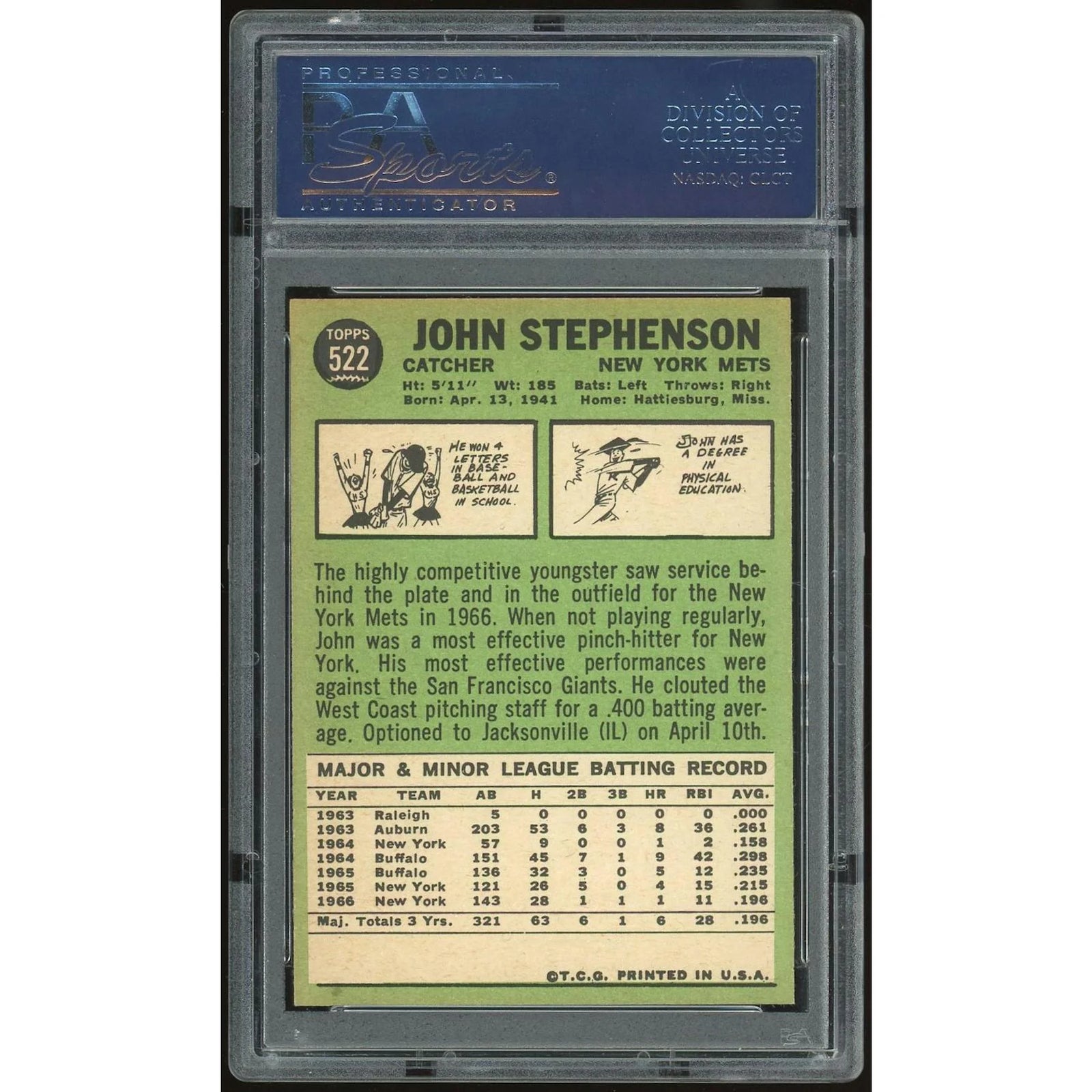 John Stephenson 1967 Topps #522 Card | PSA 8