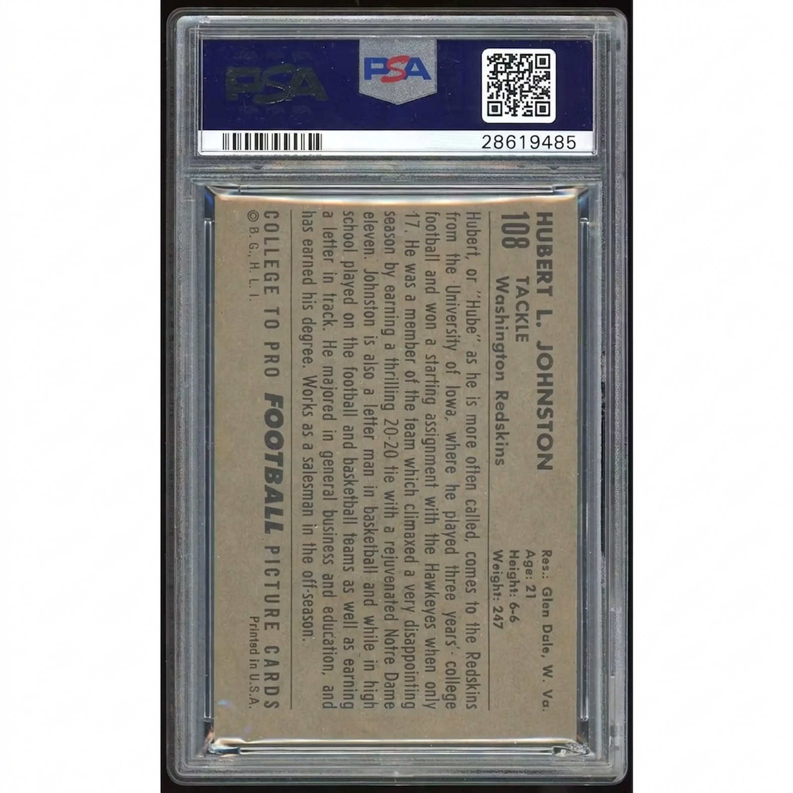 1952 Bowman Large #108 Hubert Johnston Rookie Card | PSA 5