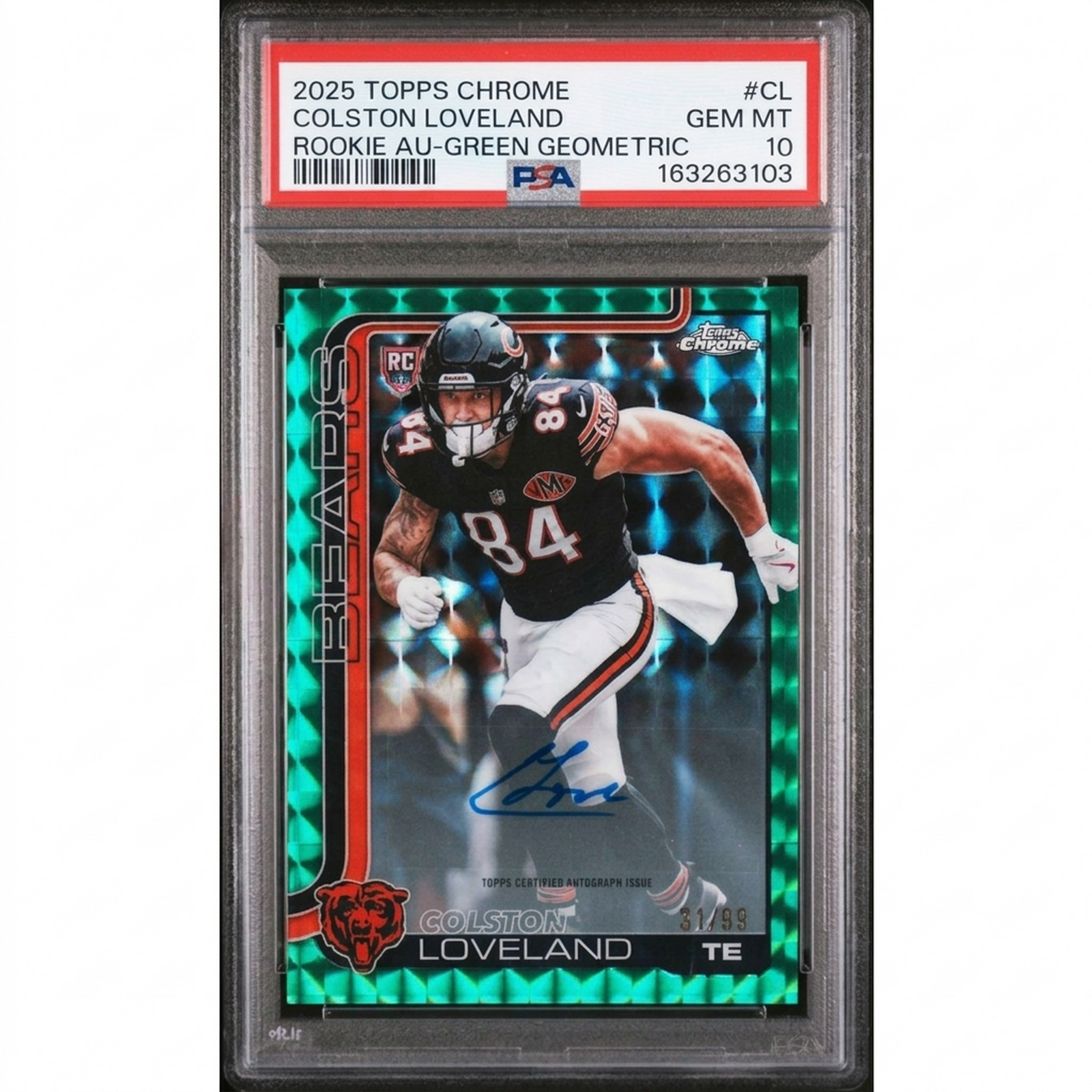 Colston Loveland Signed 2025 Topps Chrome Rookie Card | Green Geometric/99 PSA 10