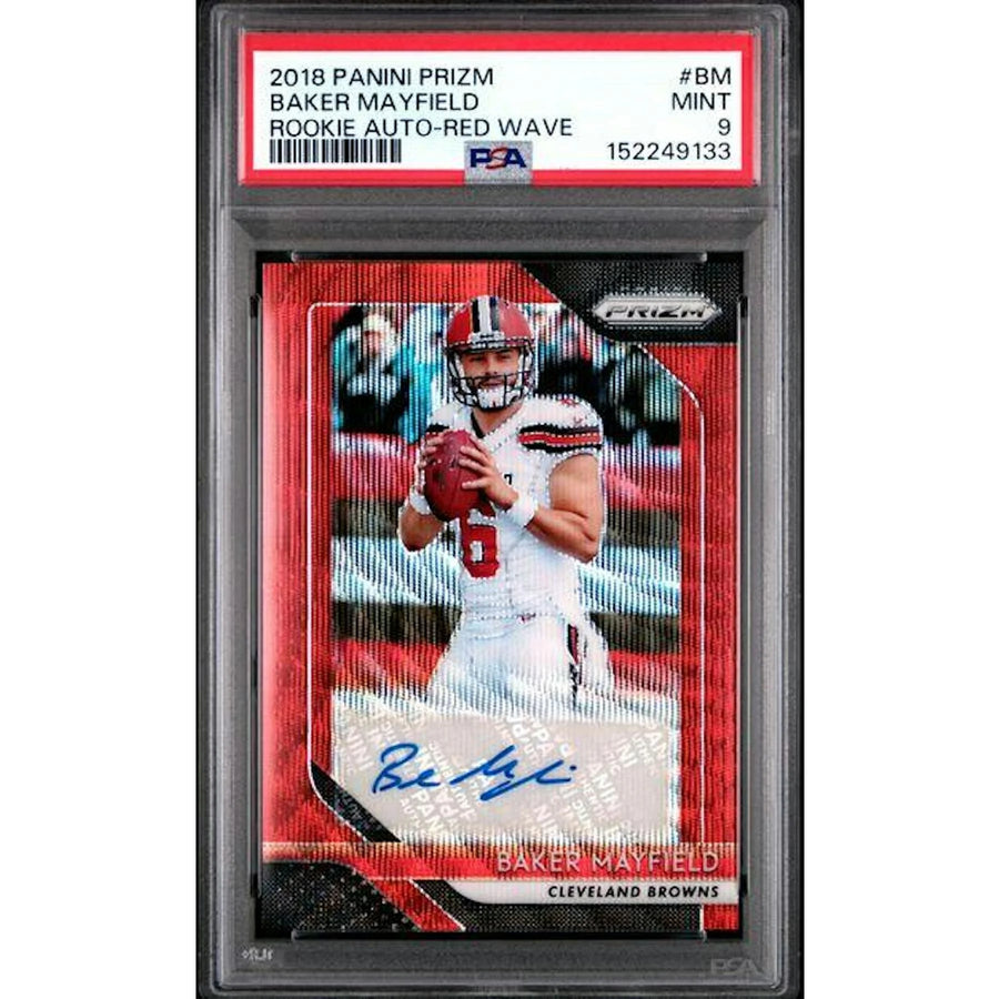 Baker Mayfield Signed 2018 Panini Prizm Red Wave Rookie Card | PSA 9