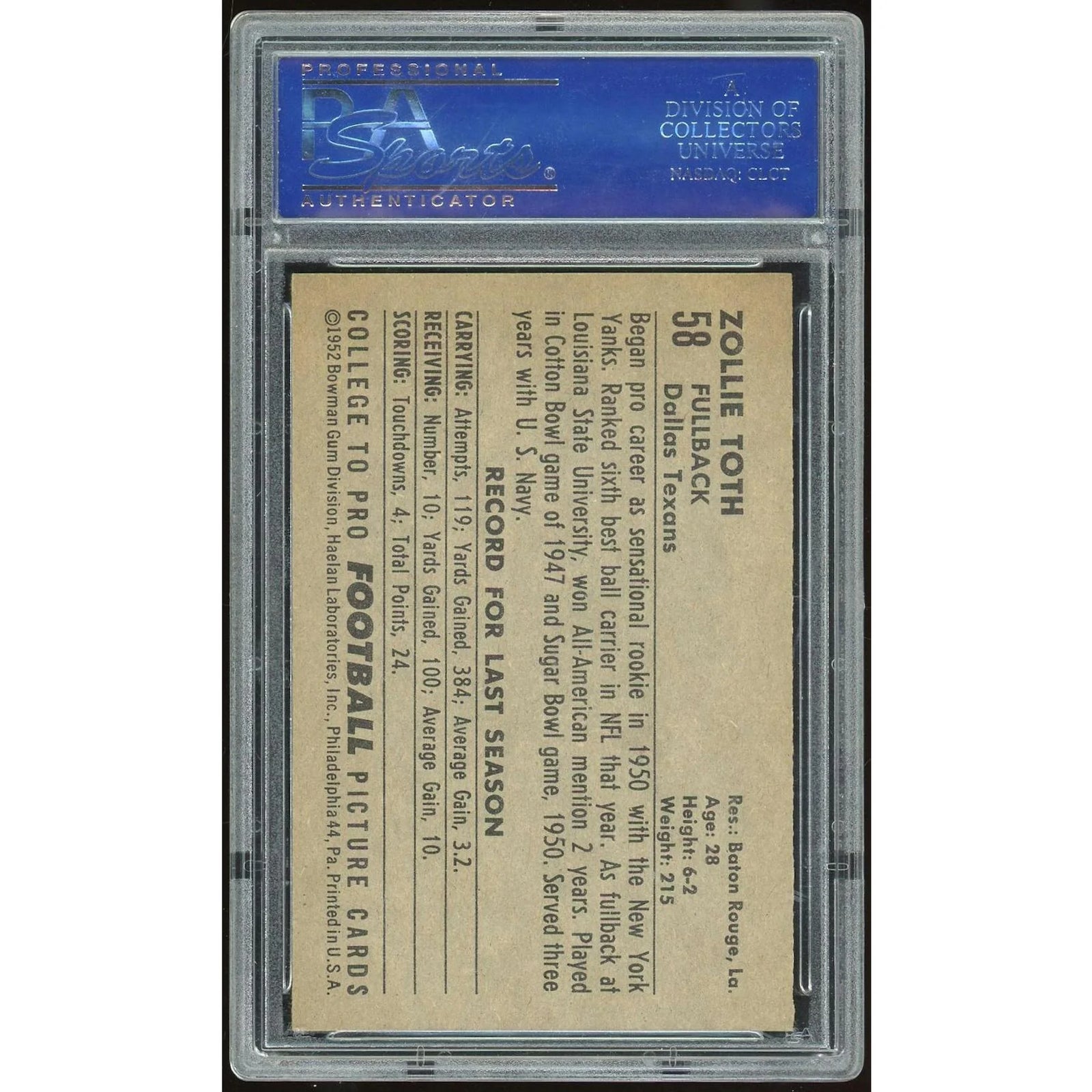 Zollie Toth 1952 Bowman Large #58 Card | PSA 7