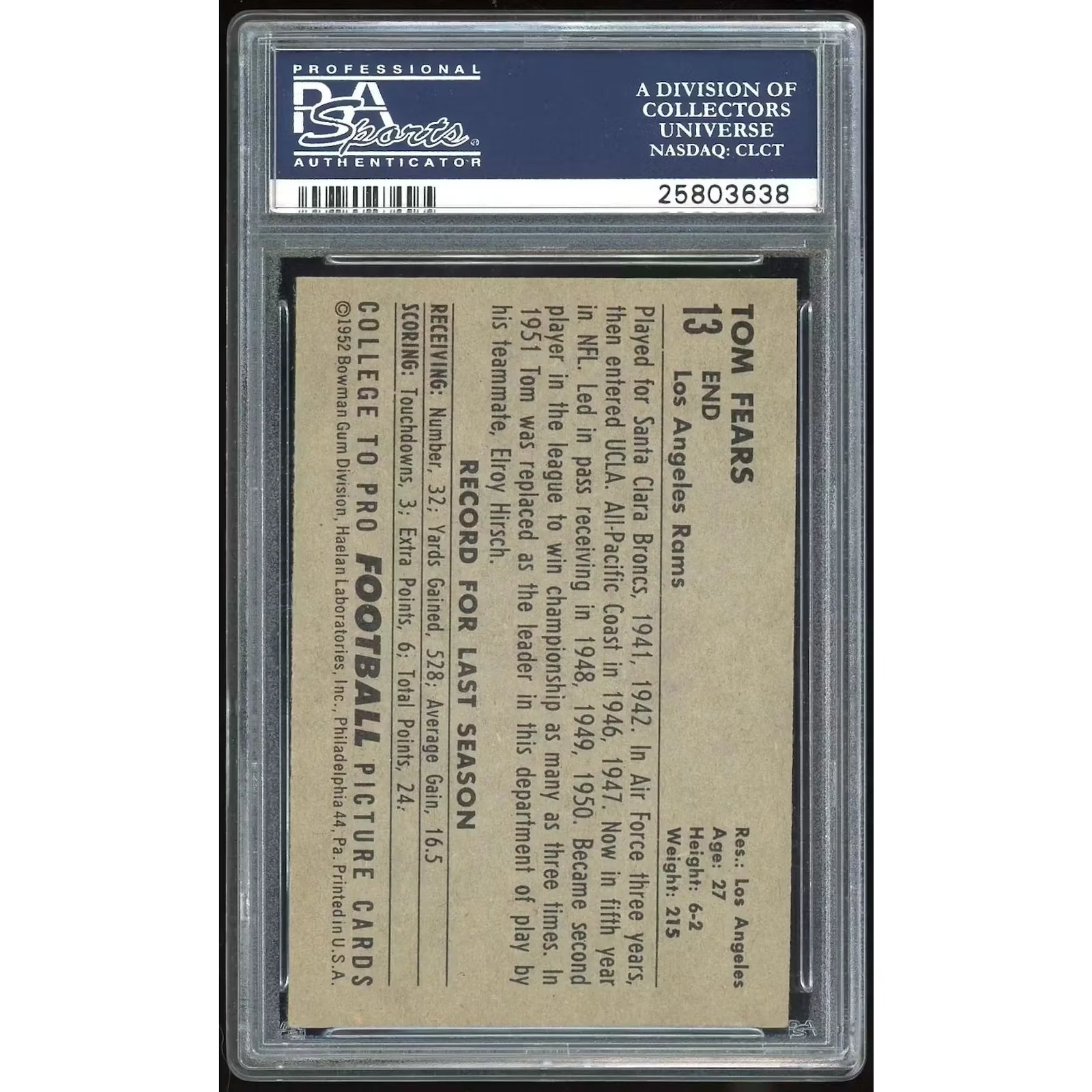 Tom Fears 1952 Bowman Large #13 Card | PSA 7