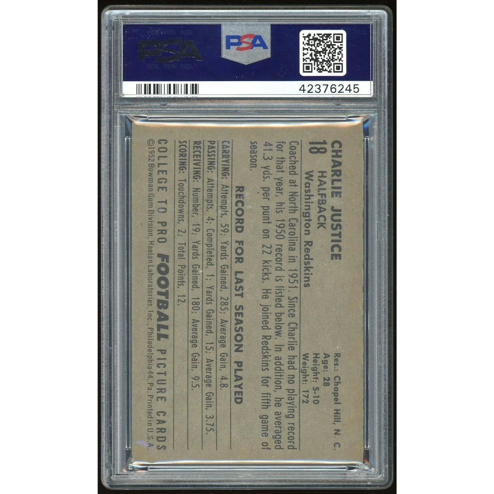 Charlie Justice 1952 Bowman Large #18 Rookie Card | PSA 5