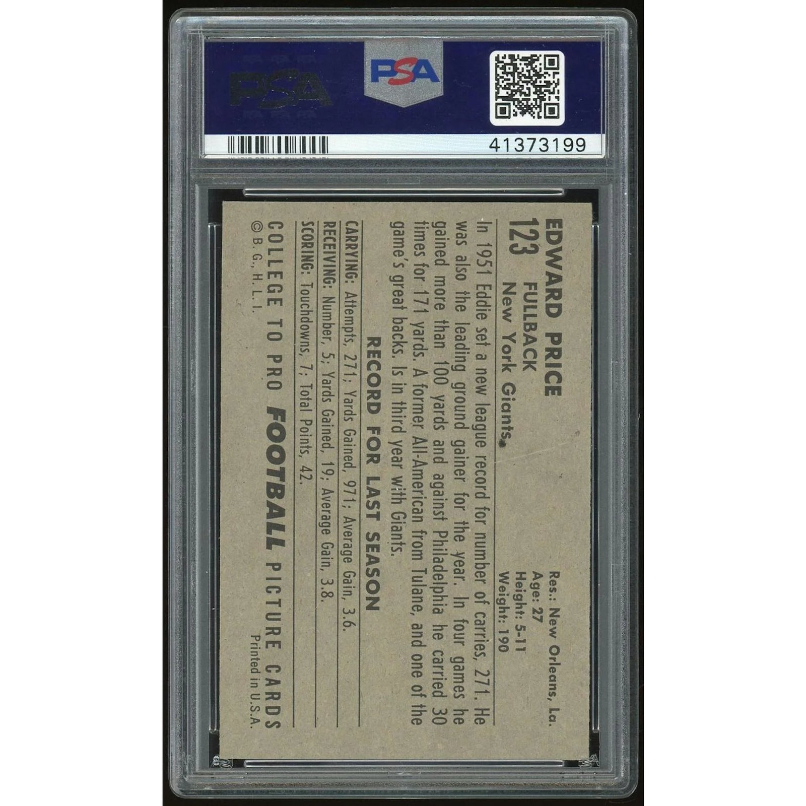 Eddie Price 1952 Bowman Large #123 Card | PSA 7