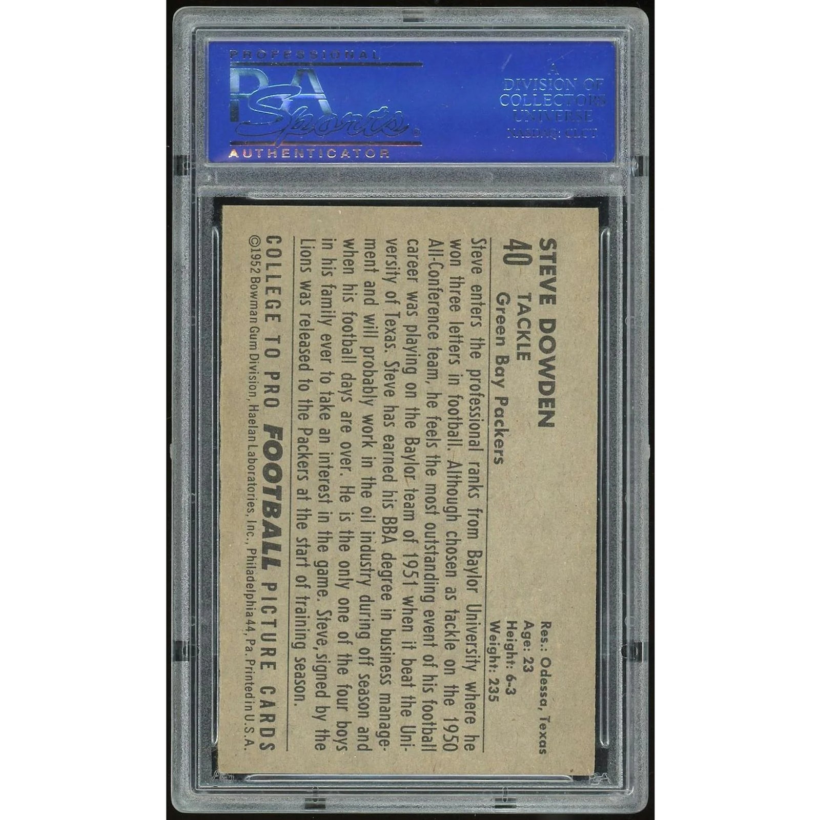 Steve Dowden 1952 Bowman Large #40 Rookie Card | PSA 7