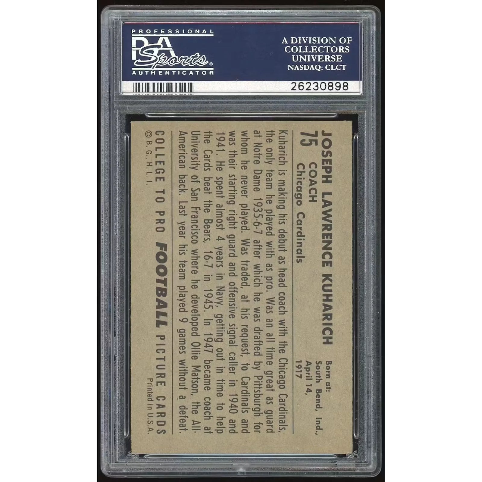 Joe Kuharich 1952 Bowman Large #75 Football Card | PSA 7