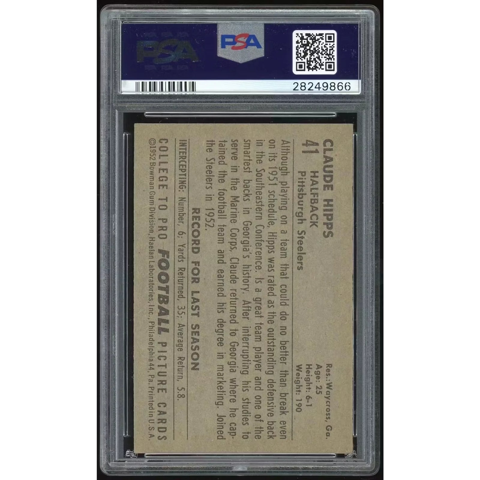 Claude Hipps 1952 Bowman Large #41 Rookie Card | PSA 7