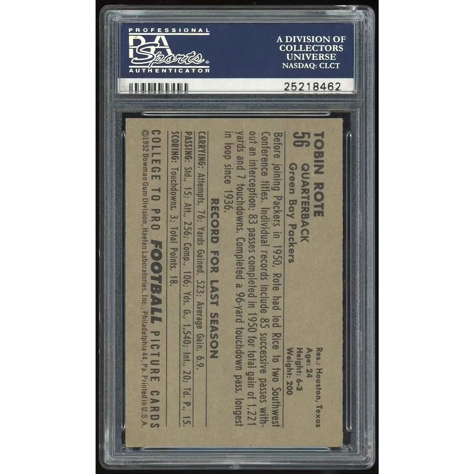 Tobin Rote 1952 Bowman Large #56 | PSA 6