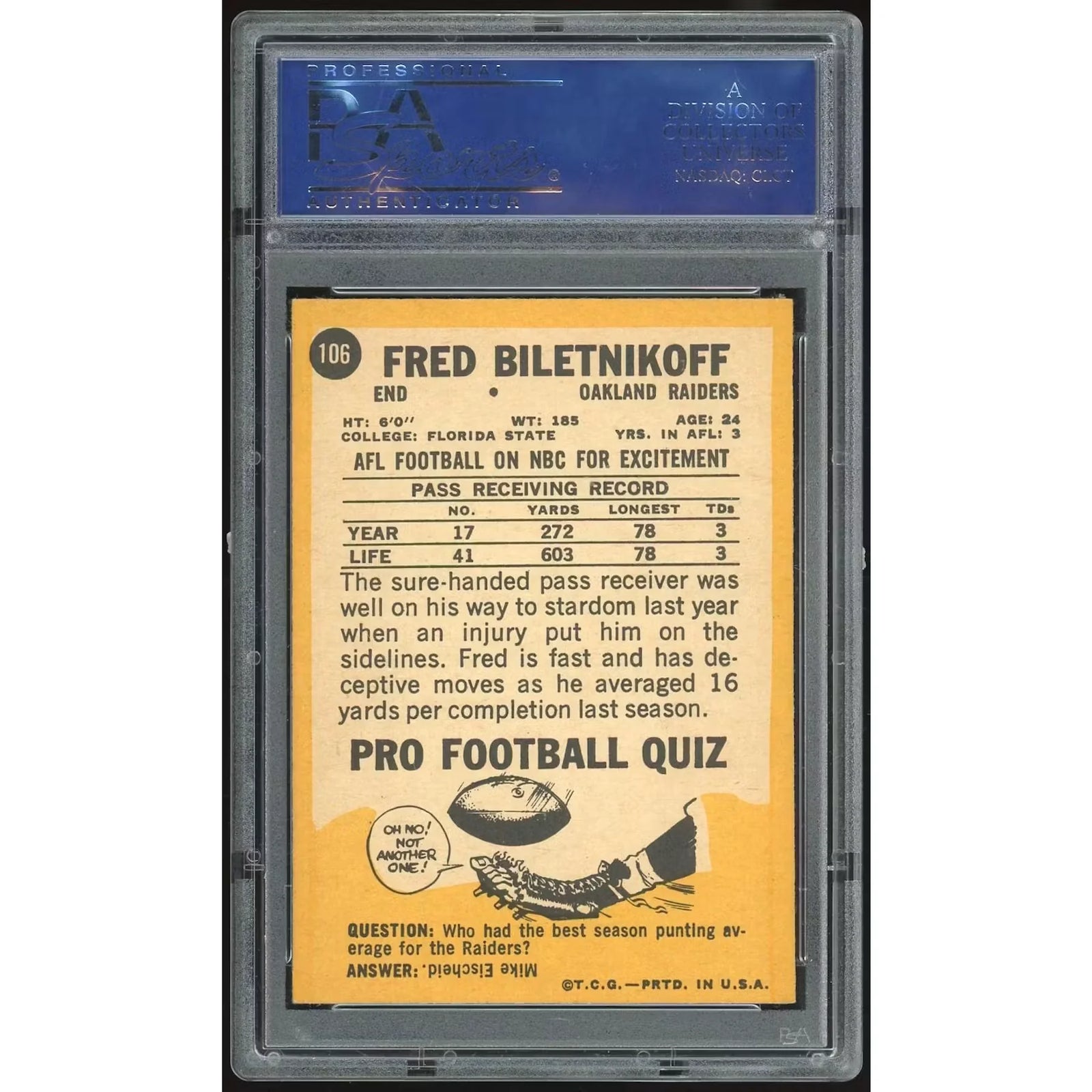 Fred Biletnikoff 1967 Topps #106 Trading Card | PSA 7