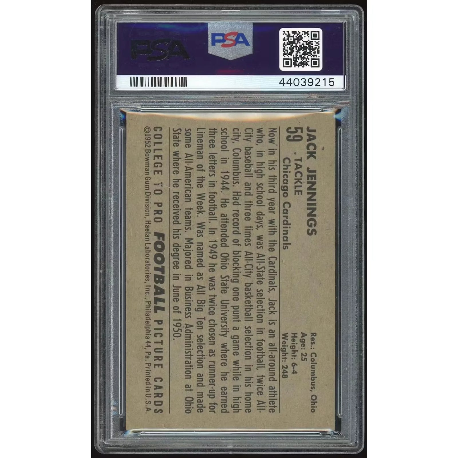Jack Jennings 1952 Bowman Large #59 | PSA 5