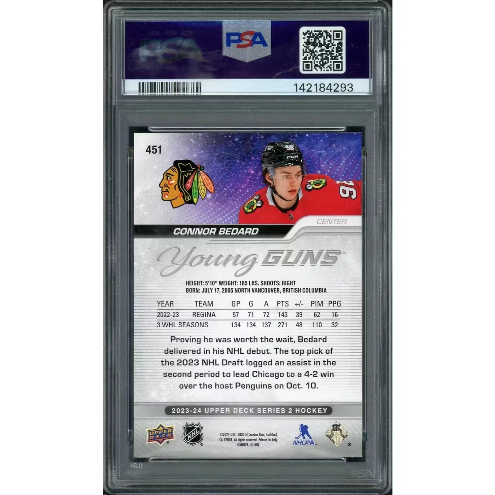 Connor Bedard 2023-24 Upper Deck Young Guns Rookie #451 | PSA 9