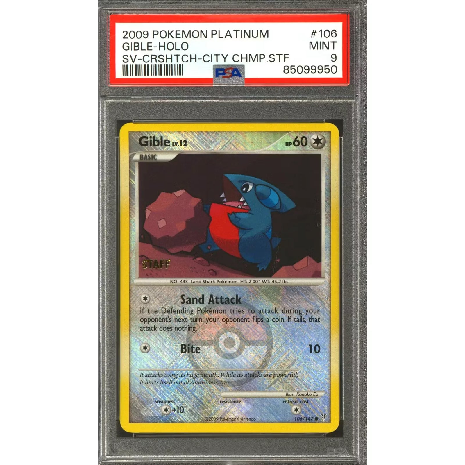 Pokemon 2009 City Championship Staff Promo Gible 106/147 | PSA 9