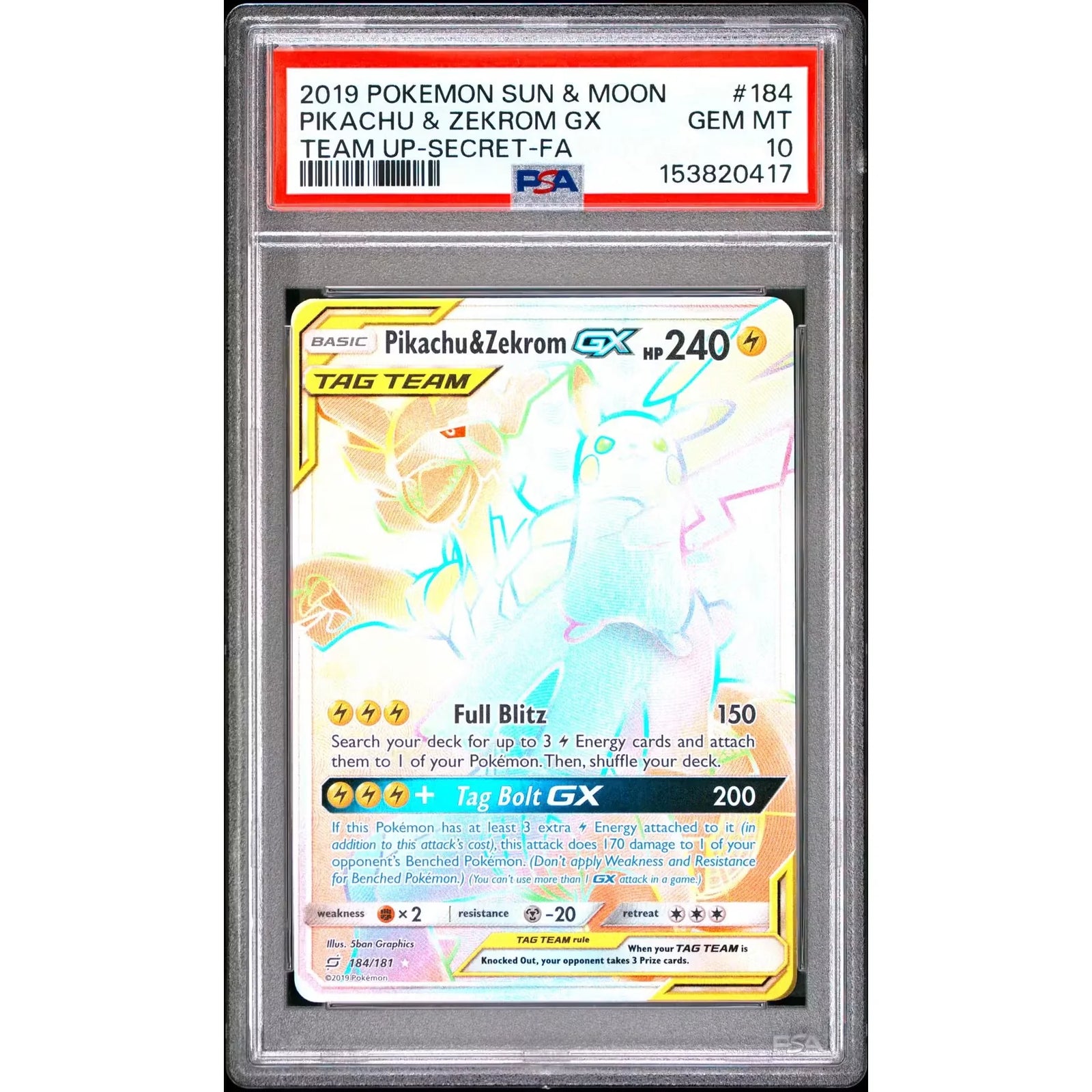 2019 Pokemon Team Up Pikachu & Zekrom GX Tag Team Secret Full Art #184 | PSA 10