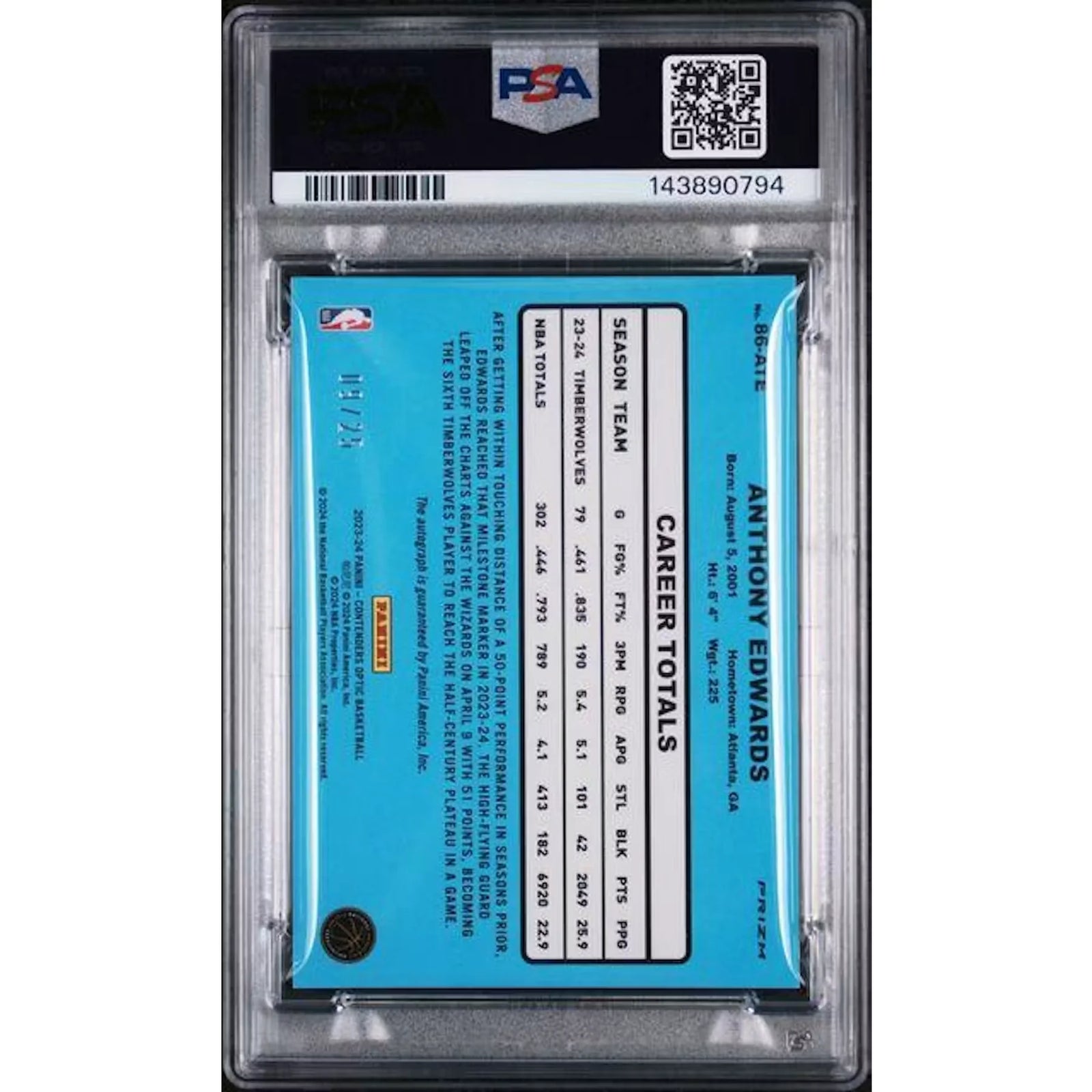 Anthony Edwards Signed 2023-24 Panini Contenders Optic Card | 1986 Tribute Blue Auto PSA 8