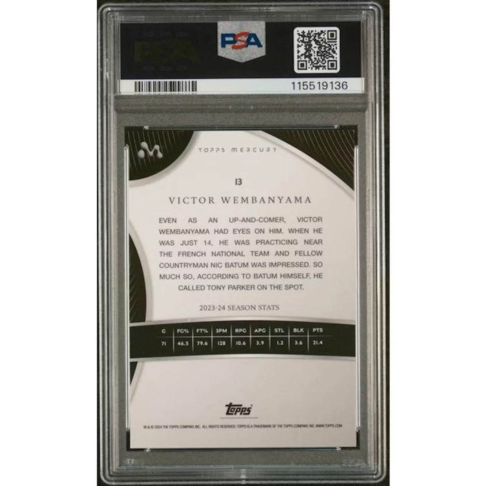 Victor Wembanyama 2023-24 Topps Mercury Rookie #13 Card | Blue Refractor PSA 10