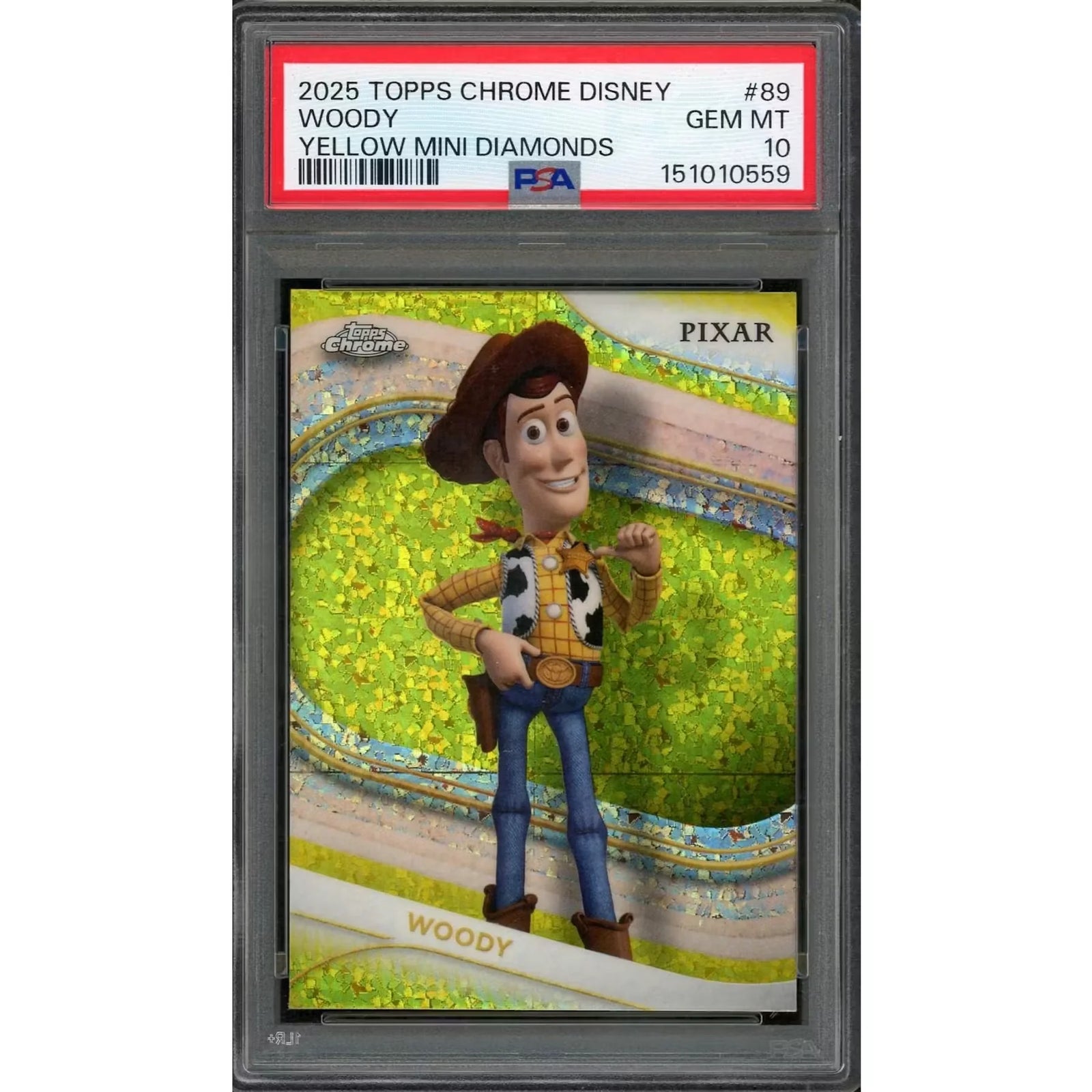 2025 Topps Chrome Disney Woody Yellow Mini Diamonds #89 | PSA 10