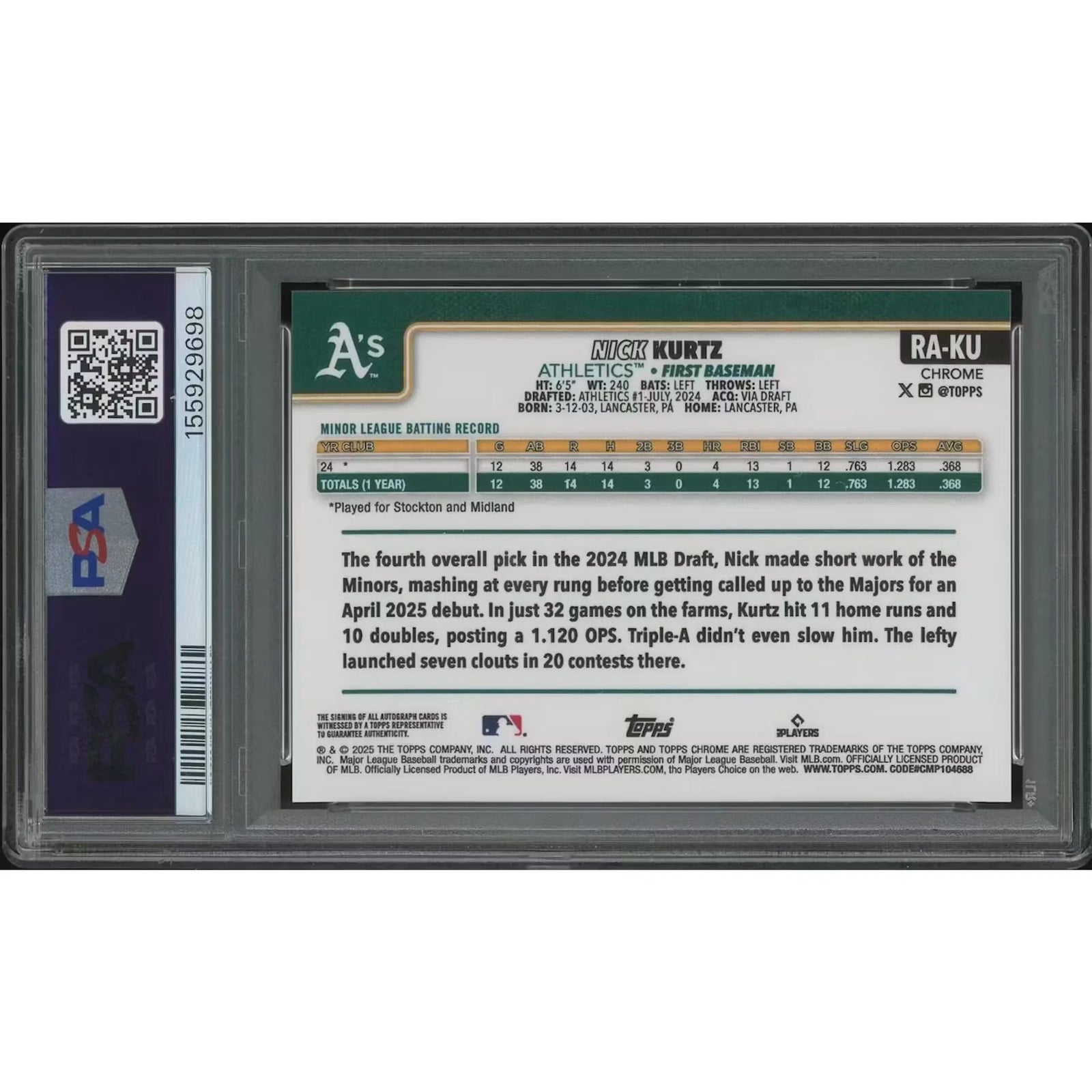 Nick Kurtz Signed 2025 Topps Chrome Sapphire Rookie Card | Green Refractor #36/99 PSA 10