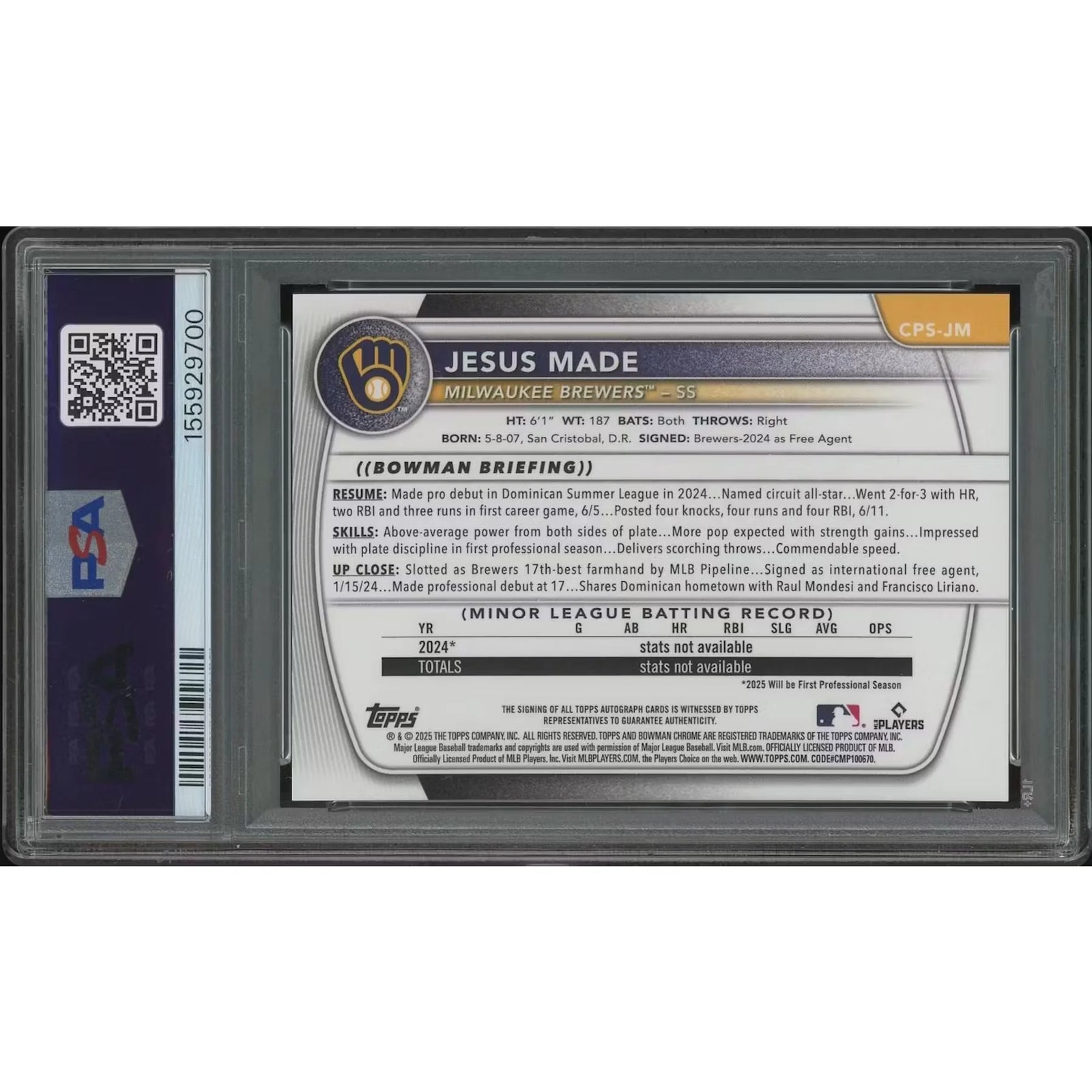 Jesus Made 2025 Bowman Chrome Sapphire Rookie Autograph | PSA 10 #002