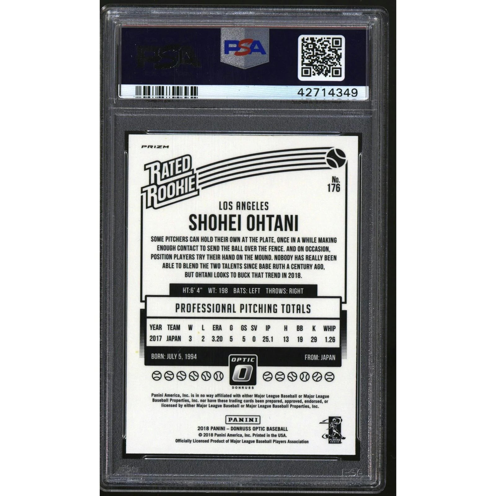 Shohei Ohtani 2018 Panini Donruss Optic #176 Rated Rookie | PSA 10 Gem Mint