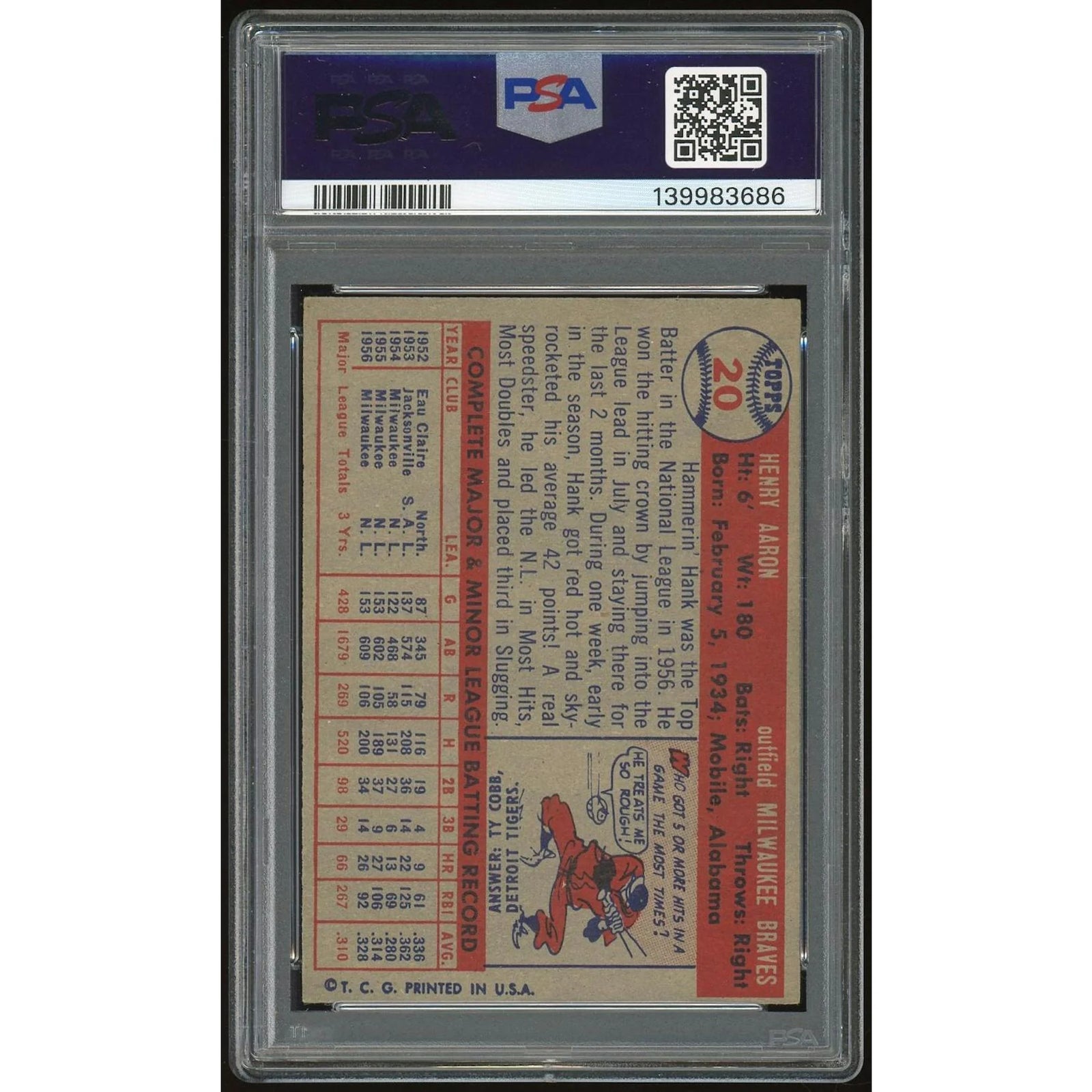 Hank Aaron 1957 Topps #20 Baseball Card | PSA 5