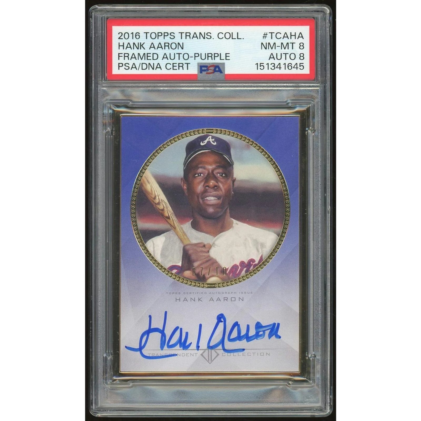 Hank Aaron Signed 2016 Topps Transcendent Card | PSA 8 Auto Purple #/10
