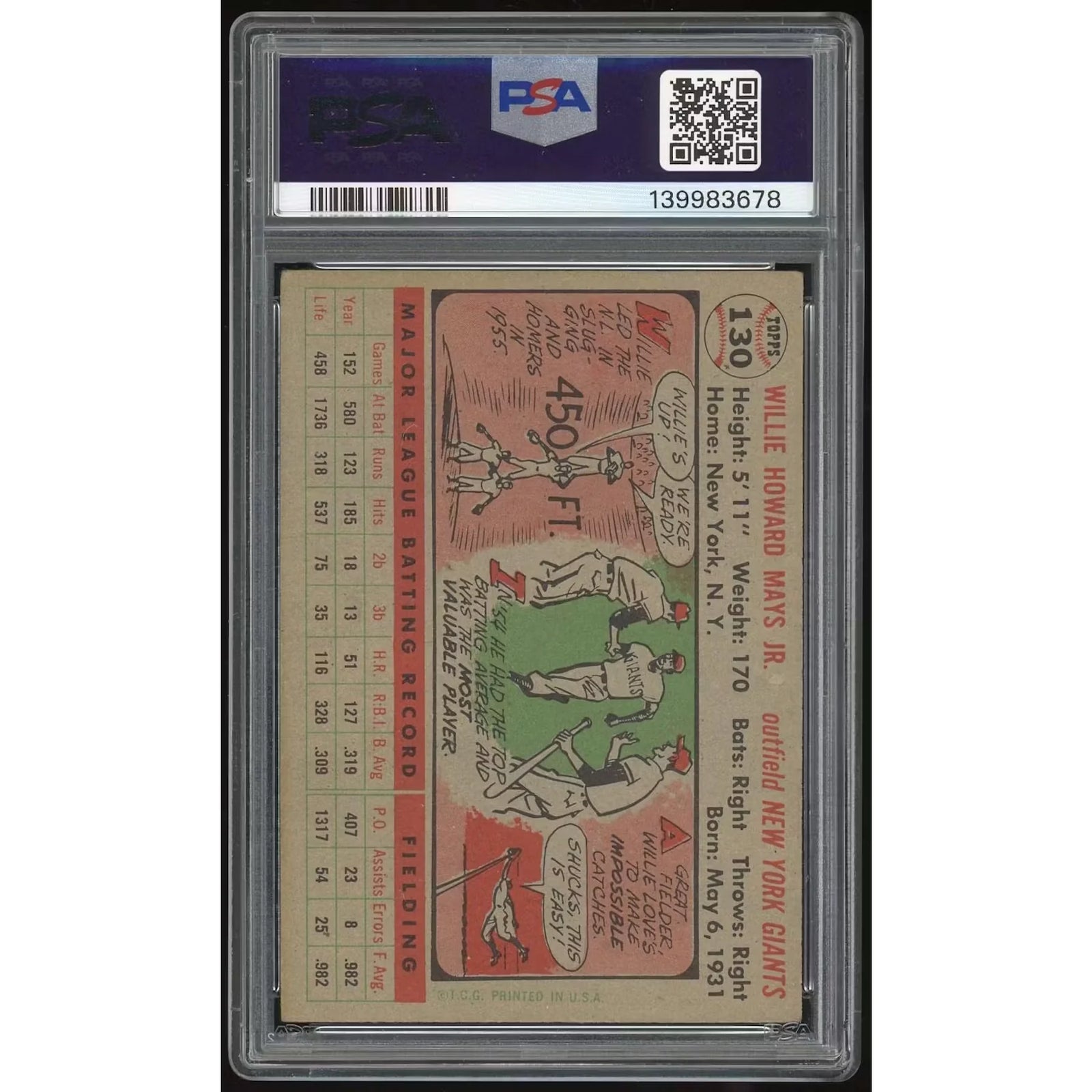 Willie Mays 1956 Topps #130 Baseball Card | PSA 4