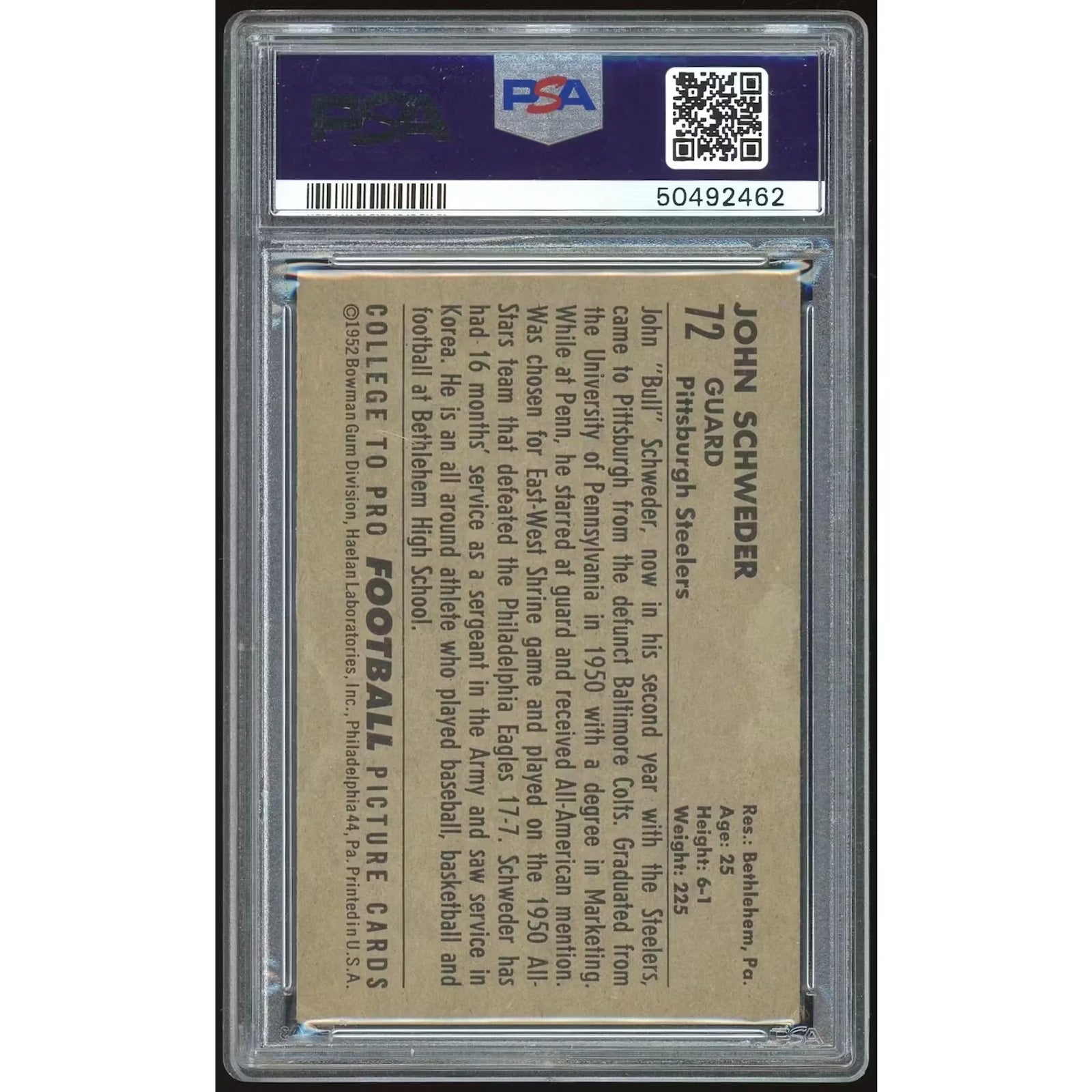 John Schweder 1952 Bowman Large #72 Rookie Card | PSA 5
