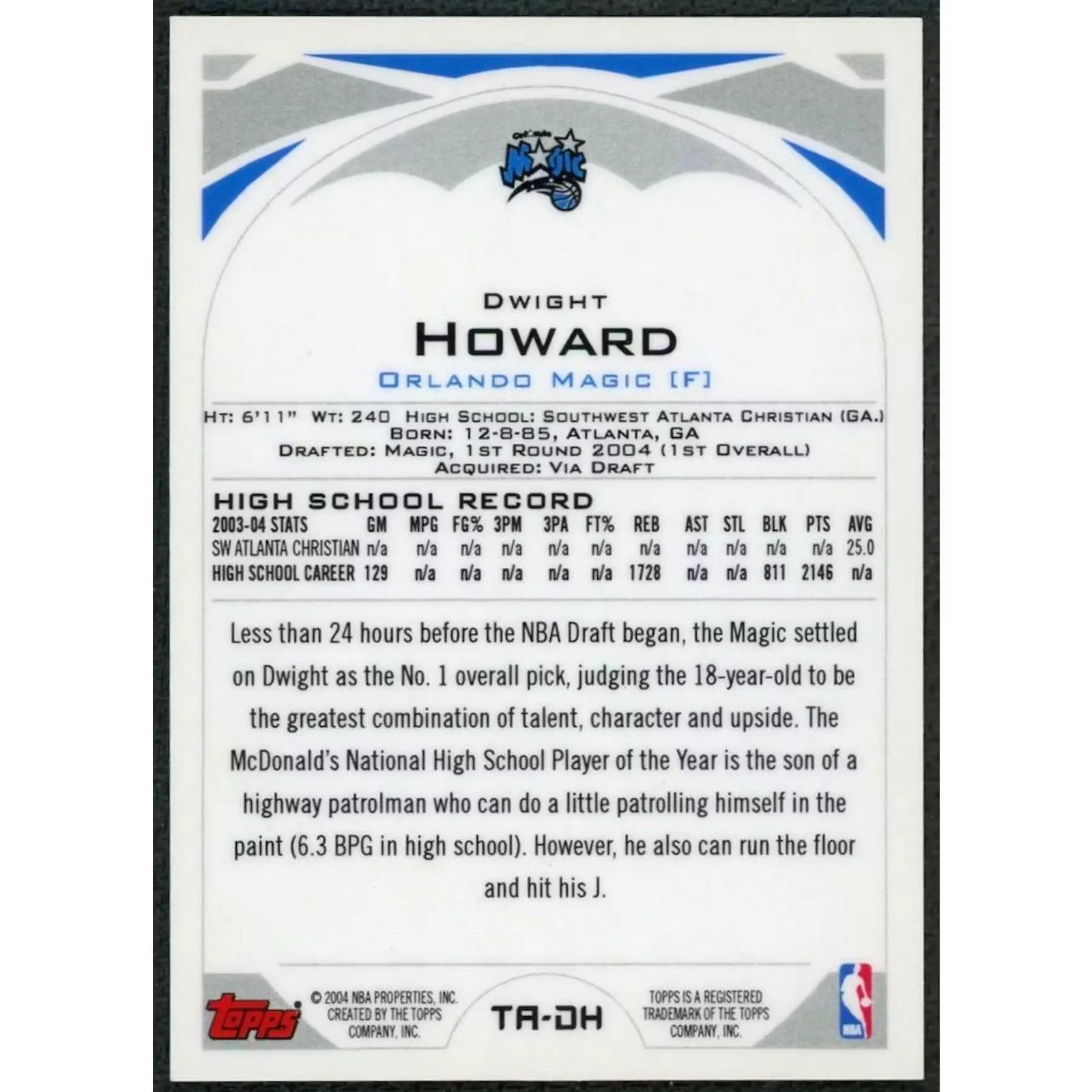 Dwight Howard Signed 2004-05 Topps Rookie Photo Shoot Card | #TA-DH