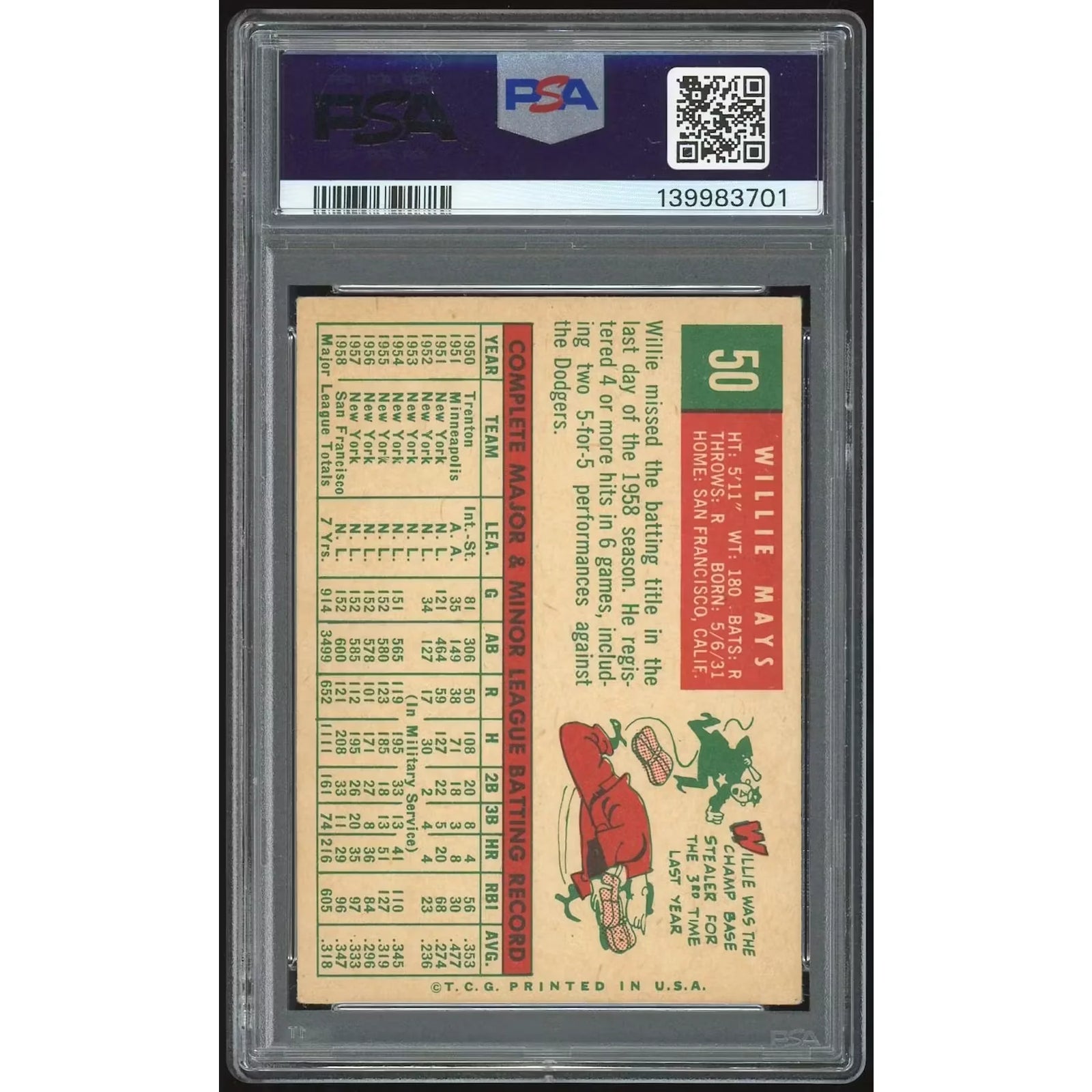 Willie Mays 1959 Topps #50 Baseball Card | PSA 5