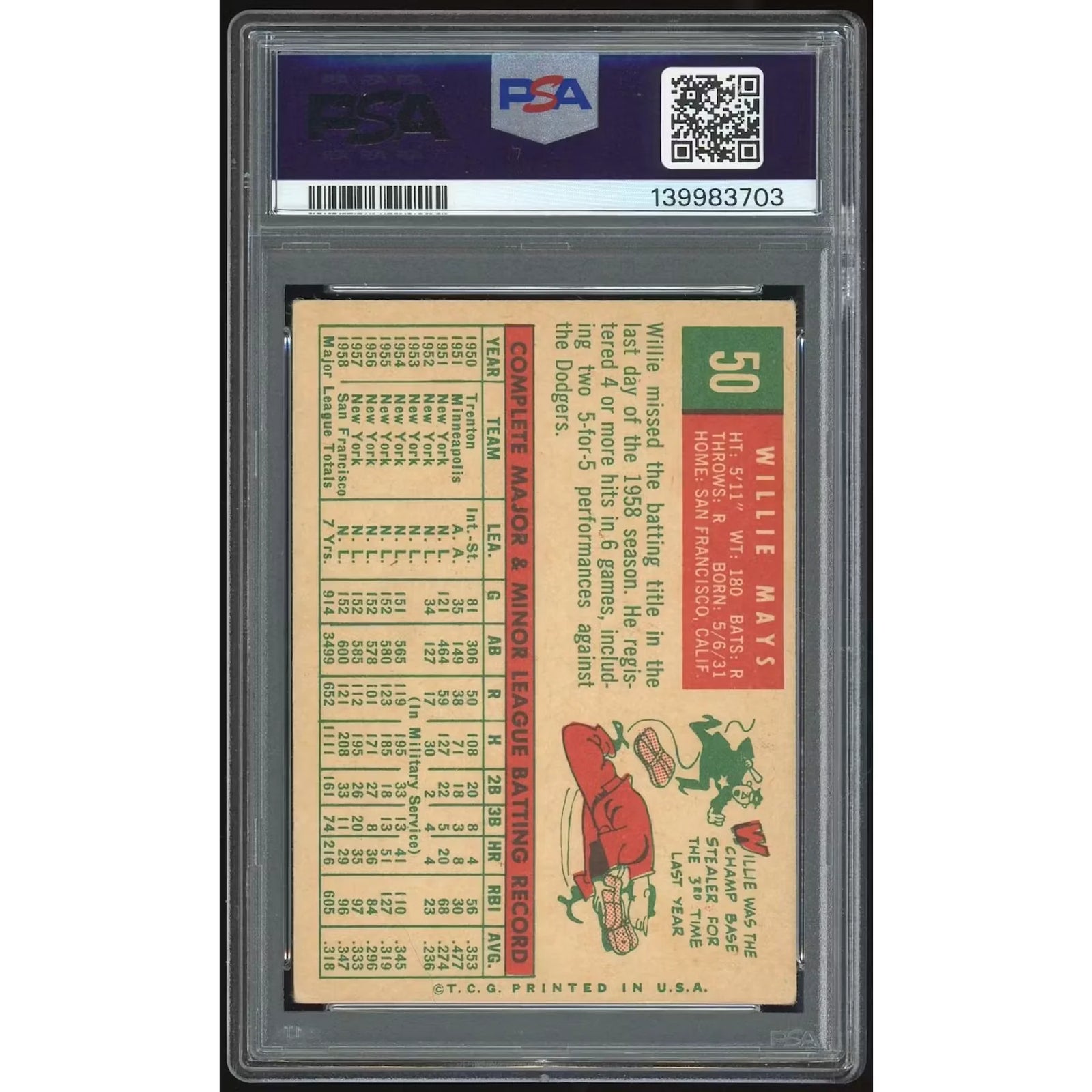 Willie Mays 1959 Topps #50 Baseball Card | PSA 4